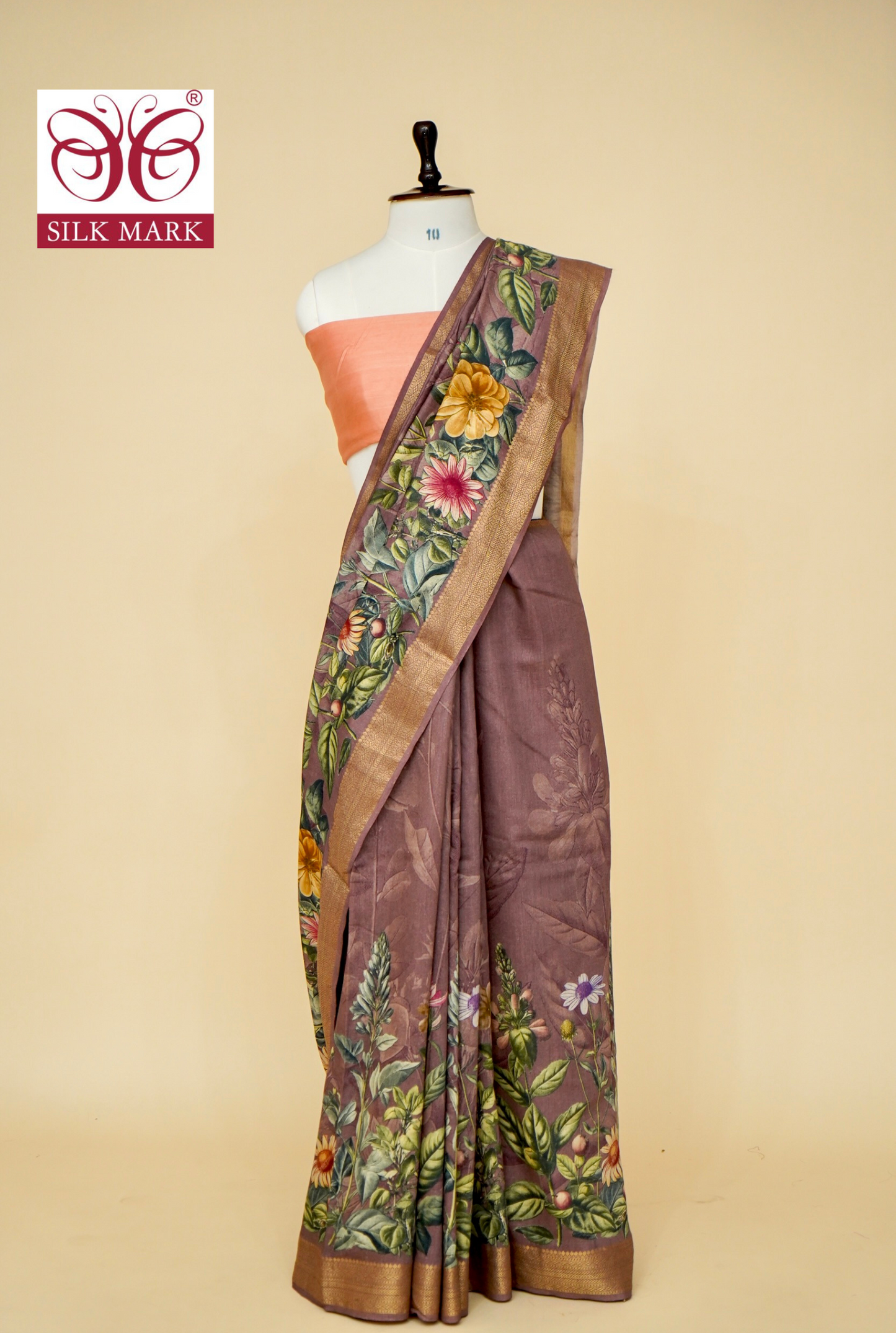 Pure Munga Silk Saree With Floral Print And Zari Border