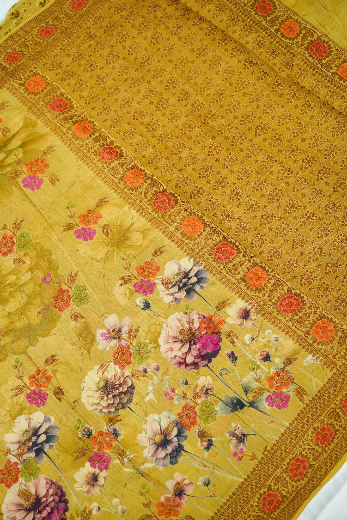 Pure Munga Silk Saree with Floral Print and Zari Border
