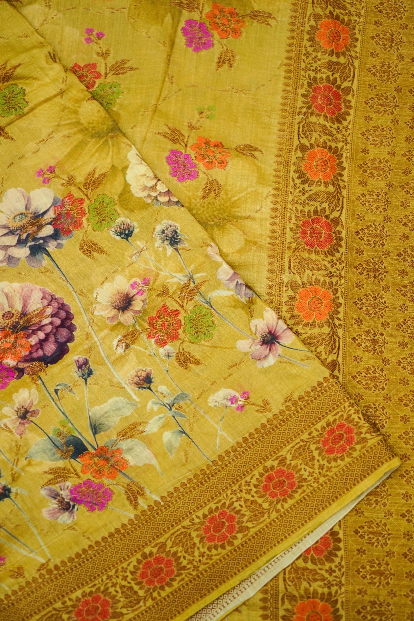 Pure Munga Silk Saree with Floral Print and Zari Border