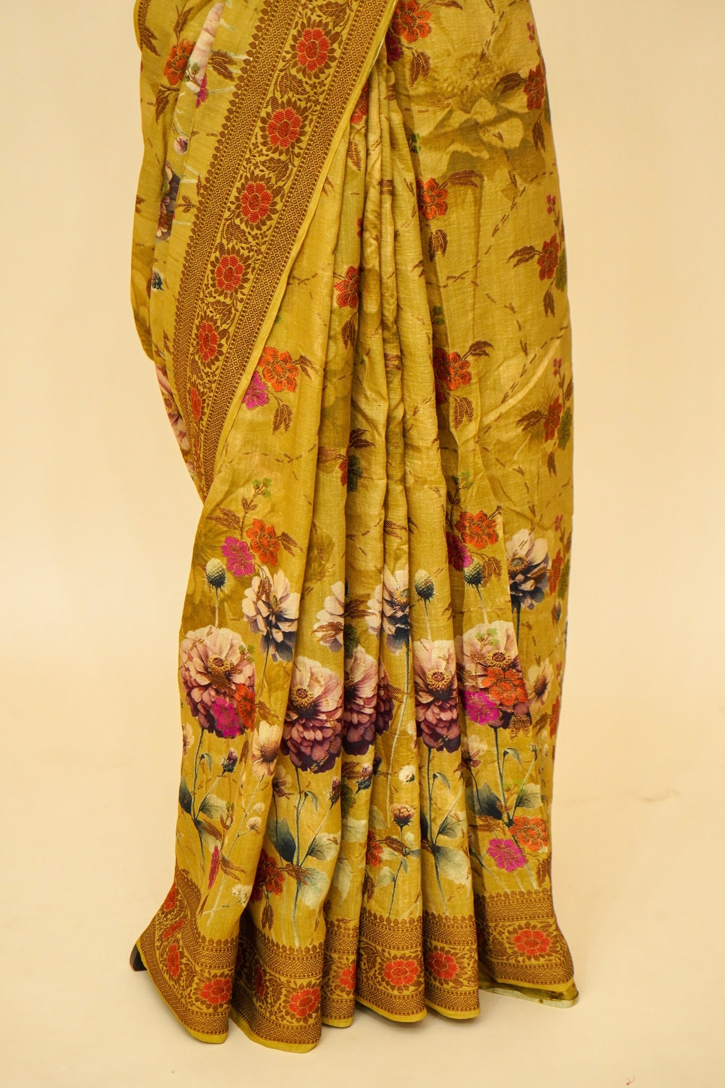 Pure Munga Silk Saree with Floral Print and Zari Border