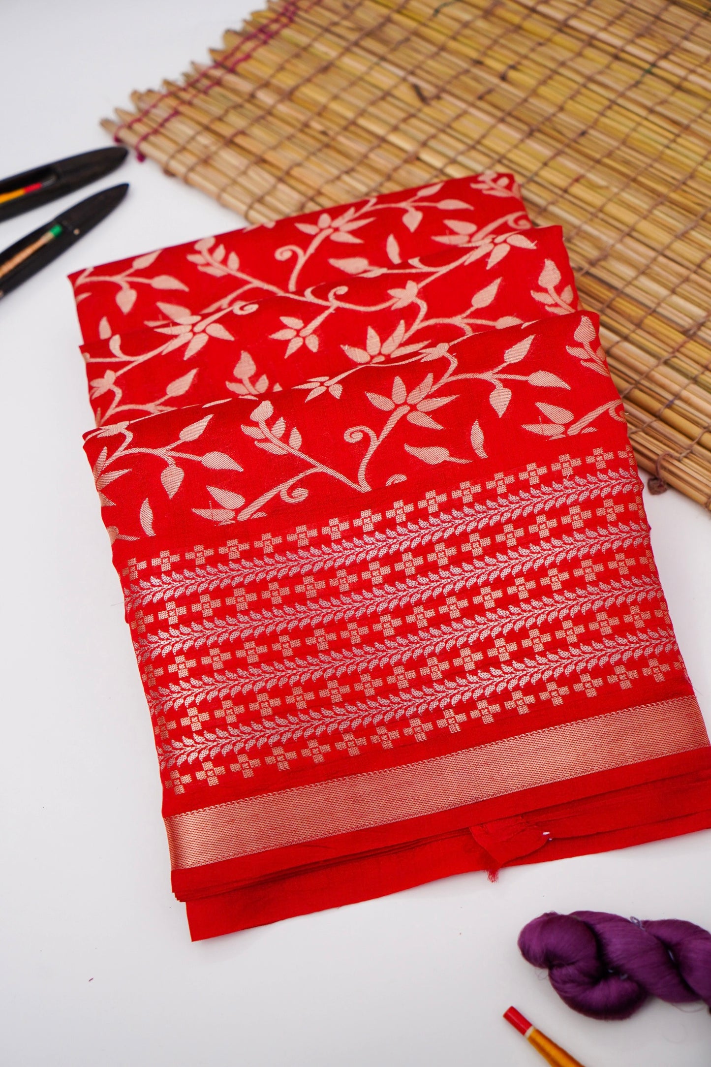 Pure Red Chinya Katan Silk Saree with Intricate Jaal Weaving By Kalakari