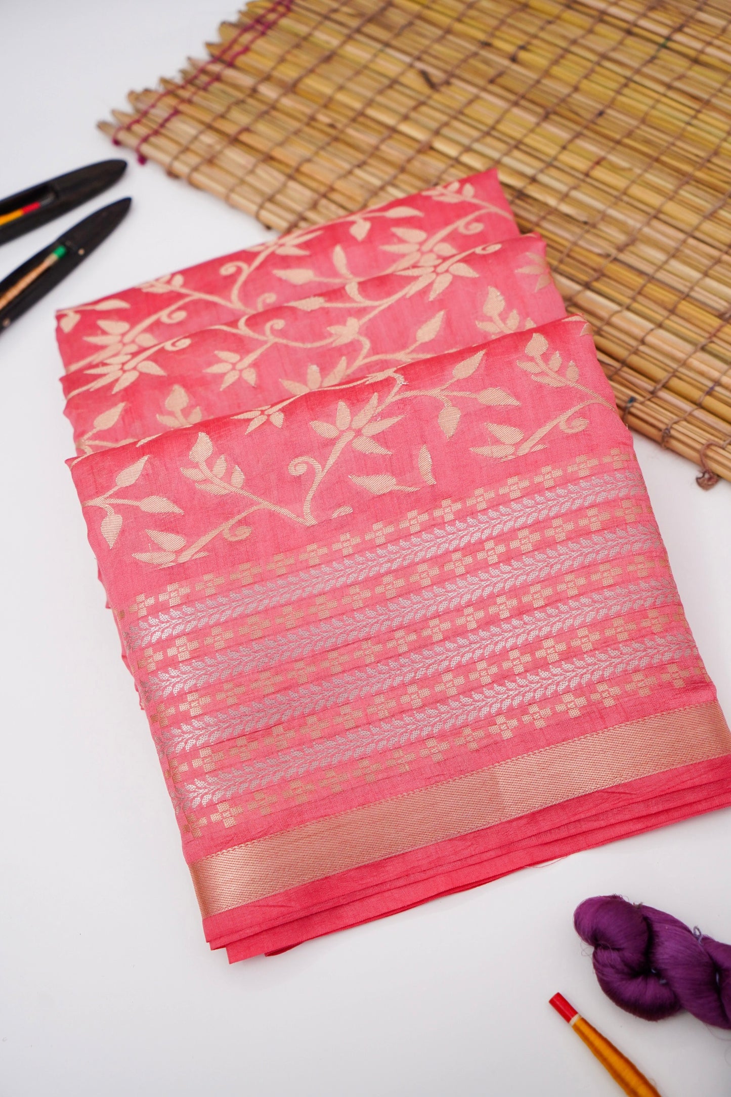 Pure Pink Chinya Katan Silk Jaal Weaving Saree By Kalakari