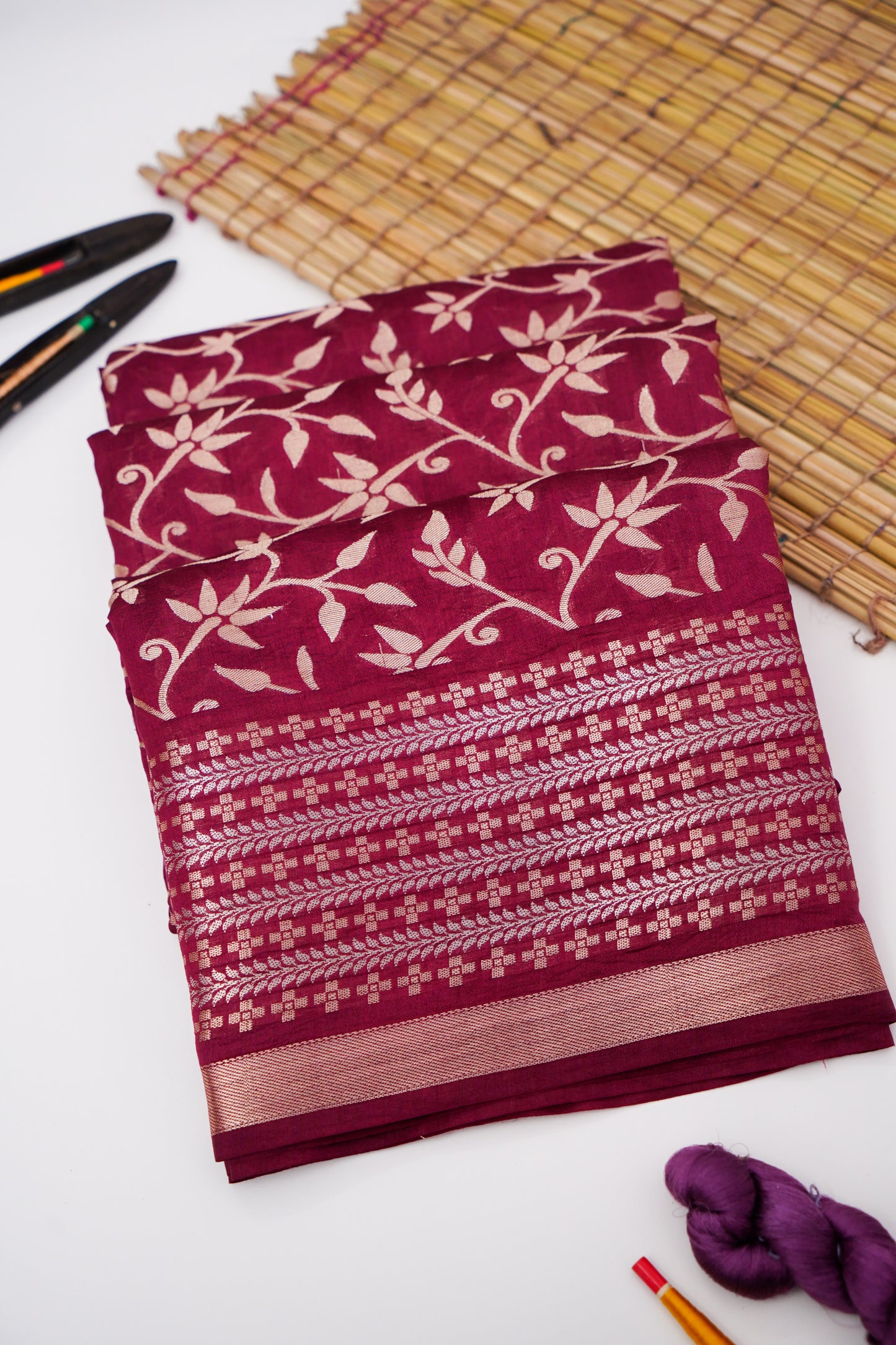 Pure Maroon Chinya Katan Silk Jaal Weaving Saree By Kalakari