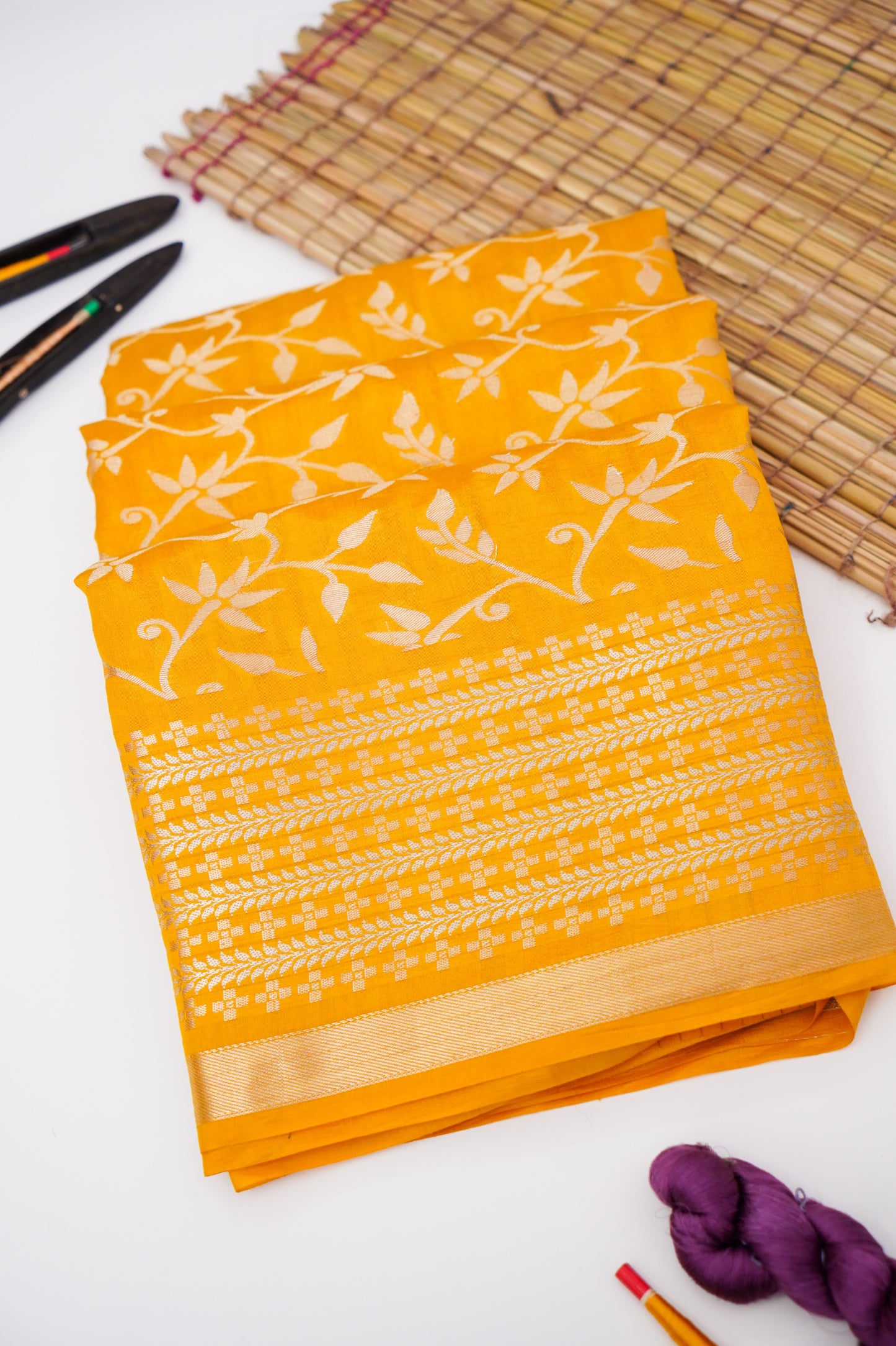 Pure Yellow Chinya Katan Silk Saree with Jaal Design By Kalakari