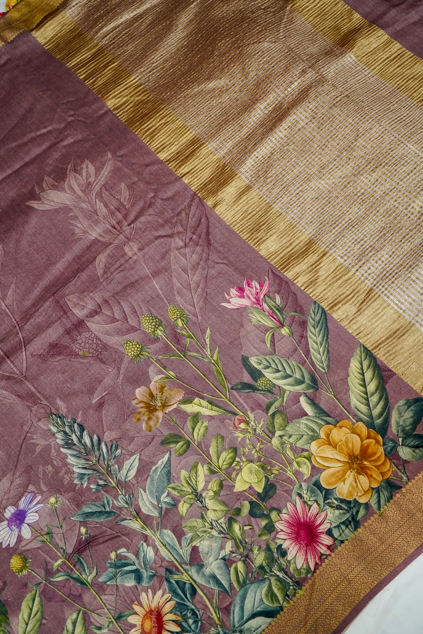 Pure Munga Silk Saree With Floral Print And Zari Border