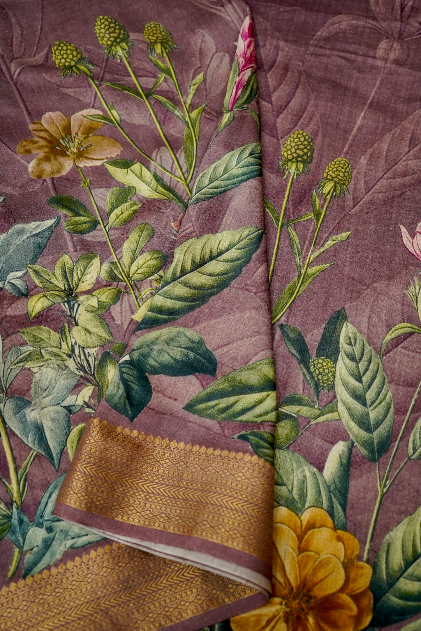 Pure Munga Silk Saree With Floral Print And Zari Border