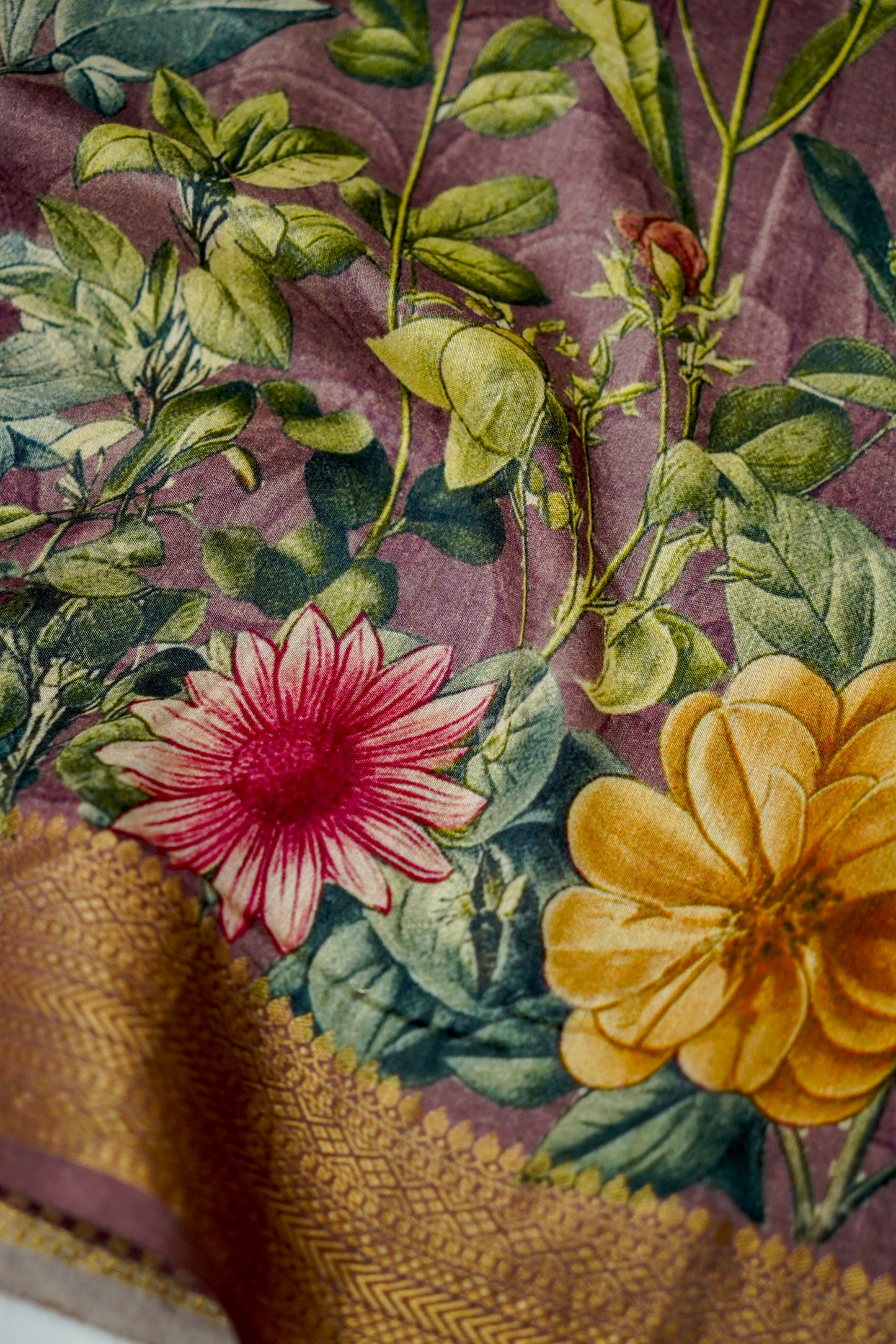Pure Munga Silk Saree With Floral Print And Zari Border