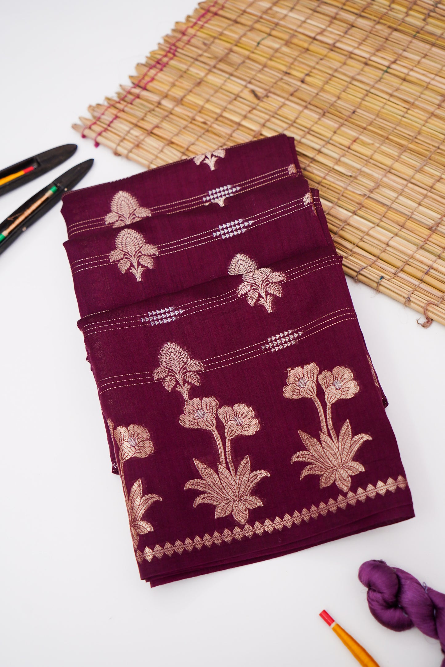 Pure Maroon Chinya Katan Silk Saree with Jaal Weaving By Kalakari