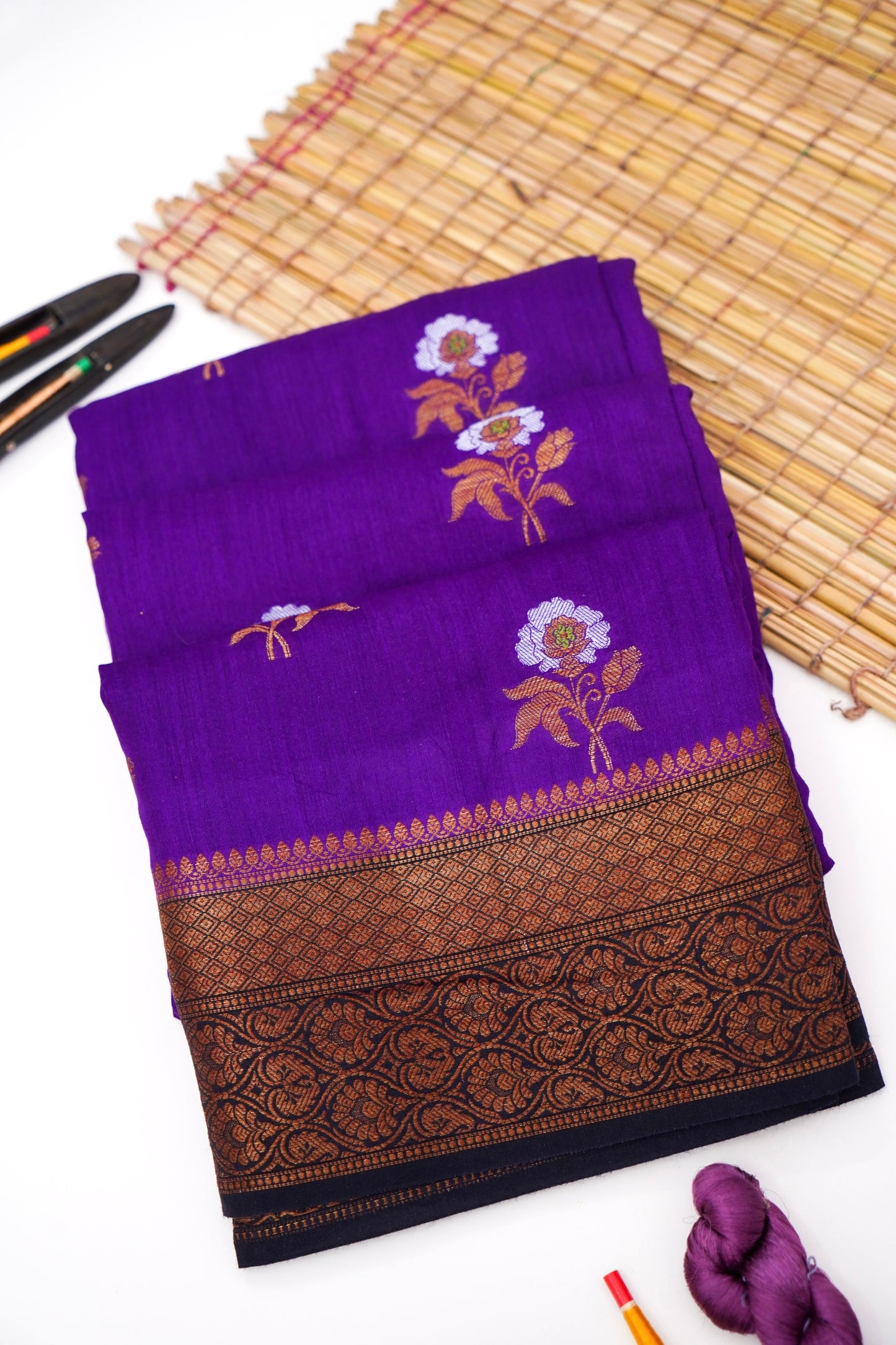 Purple Banarasi Munga Silk Saree with Rupa Sona Kadhiyaal By Kalakari