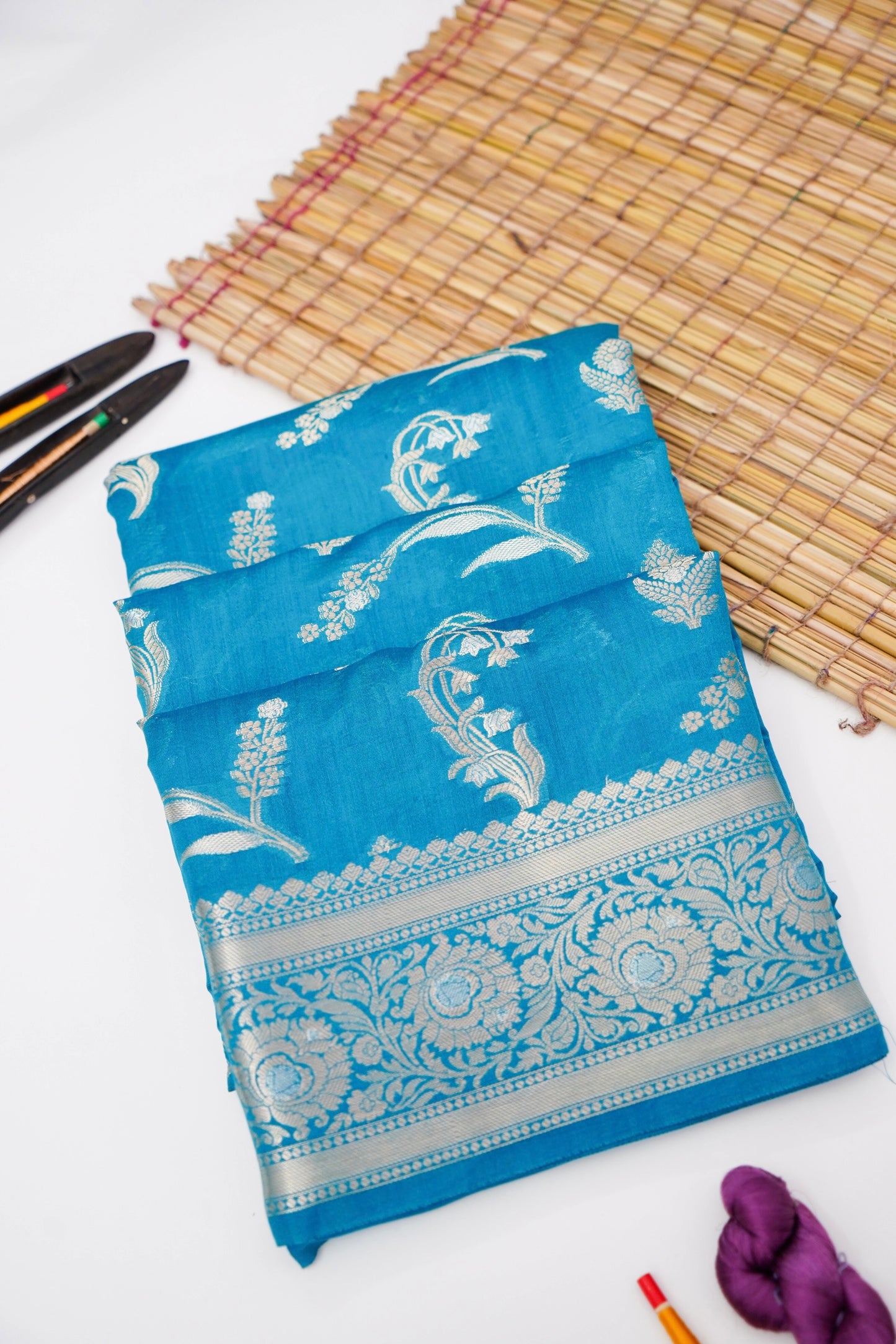 Pure Sky-Blue Chinya Katan Silk Jaal Weaving Saree By Kalakari