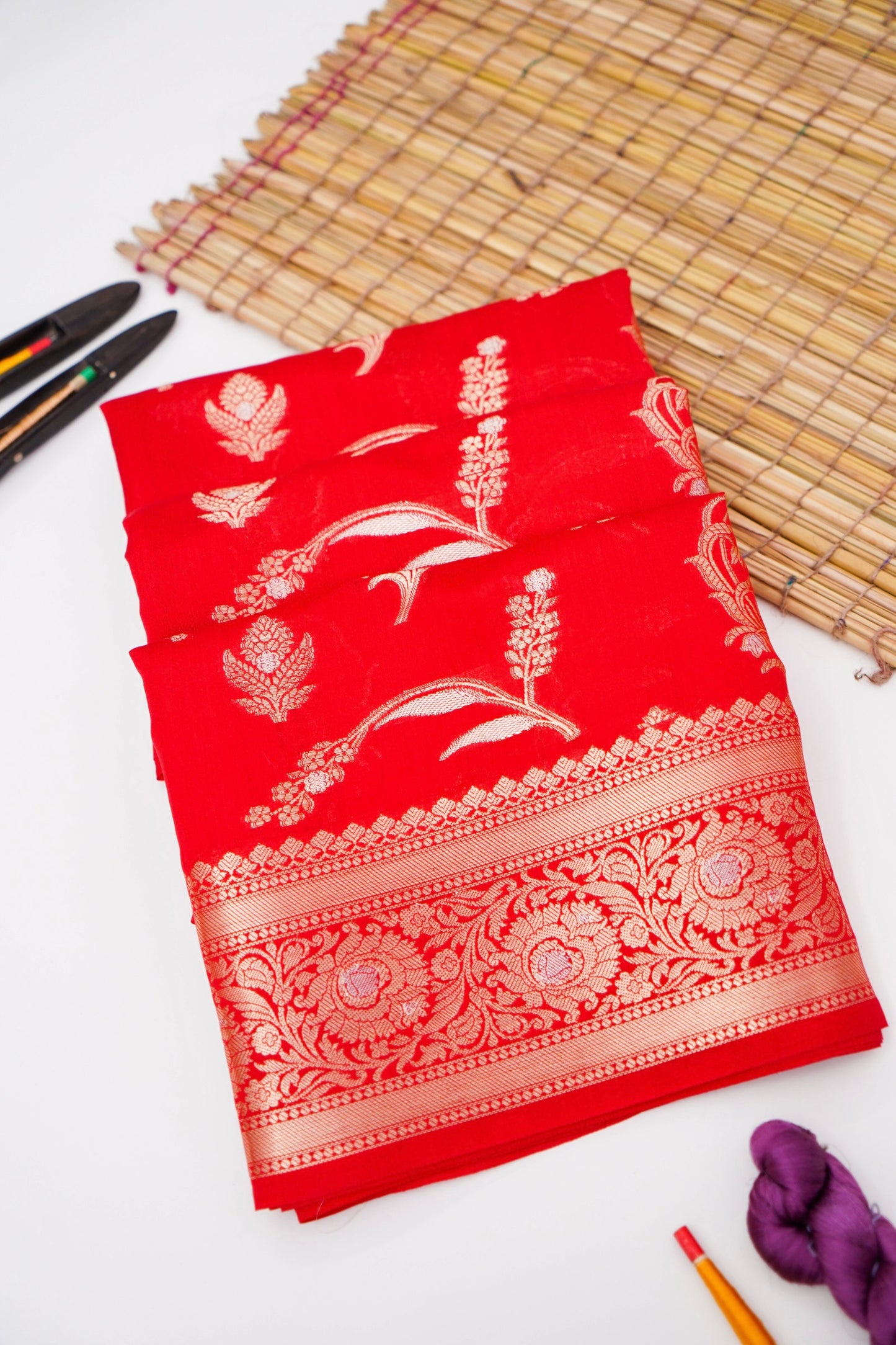 Pure Red Chinya Katan Silk Saree with Jaal Weaving By Kalakari