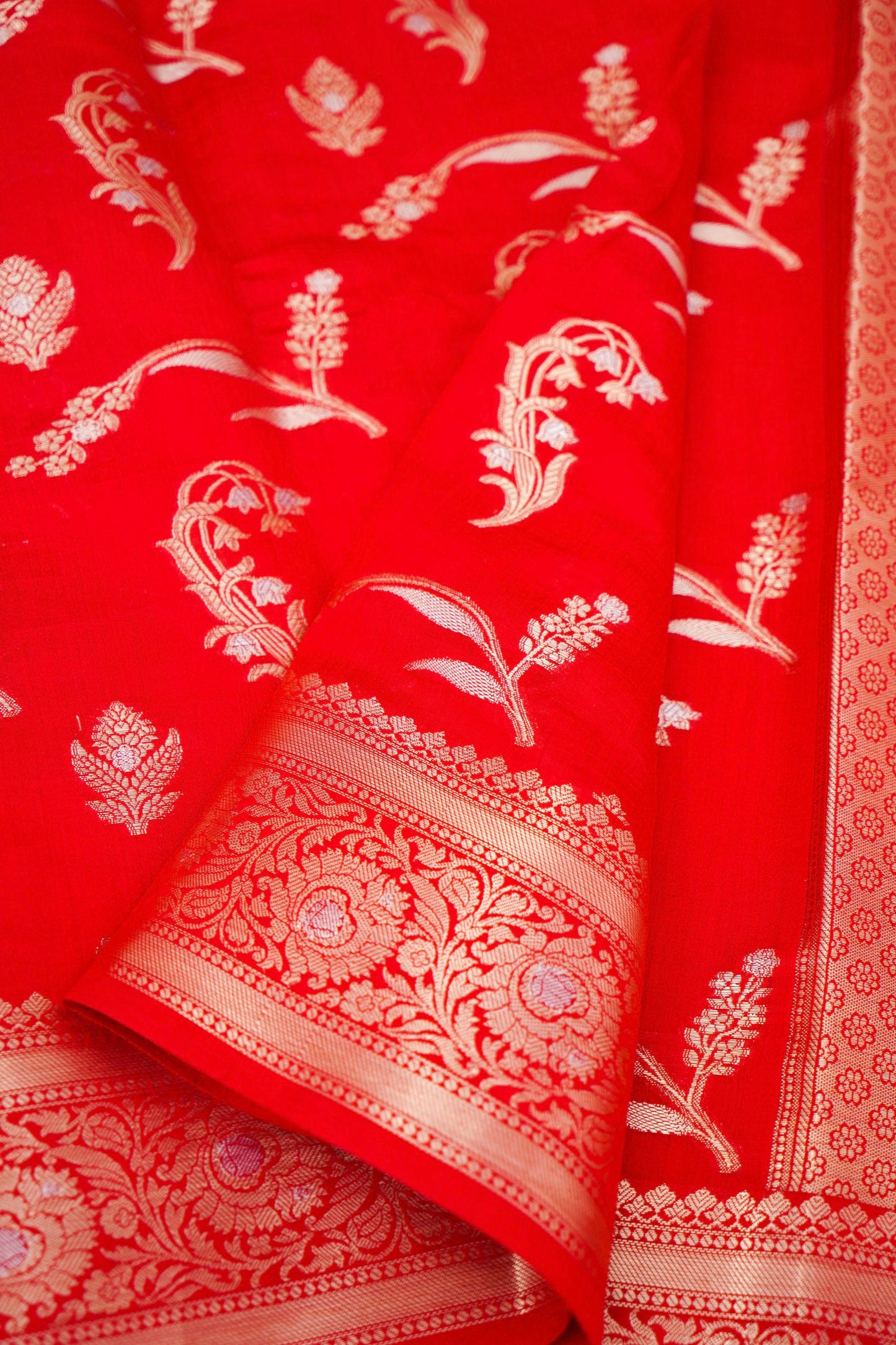 Pure Red Chinya Katan Silk Saree with Jaal Weaving
