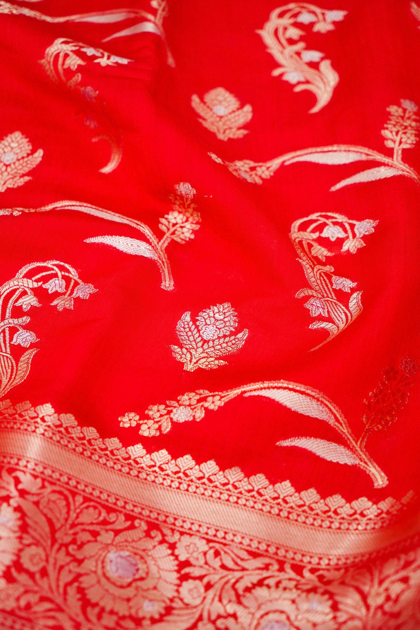 Pure Red Chinya Katan Silk Saree with Jaal Weaving