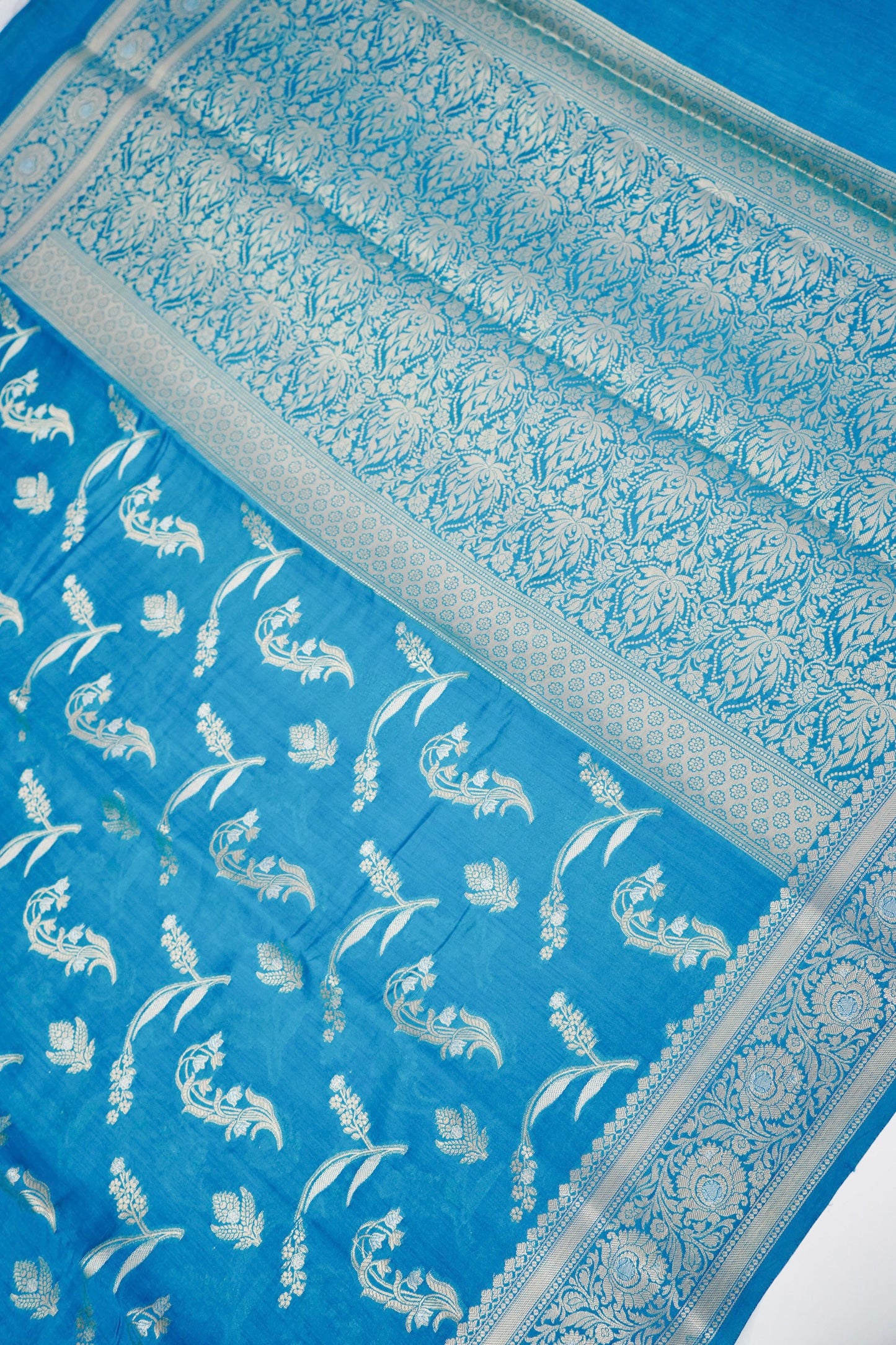 Pure Sky-Blue Chinya Katan Silk Jaal Weaving Saree