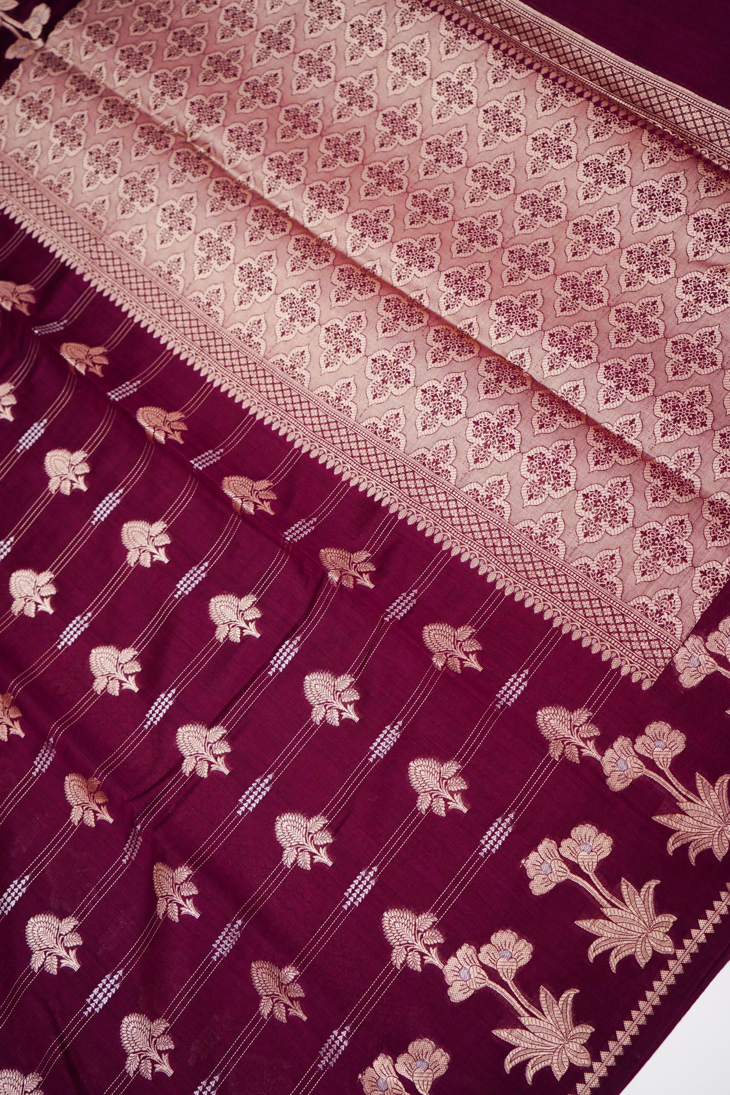 Pure Maroon Chinya Katan Silk Saree with Jaal Weaving