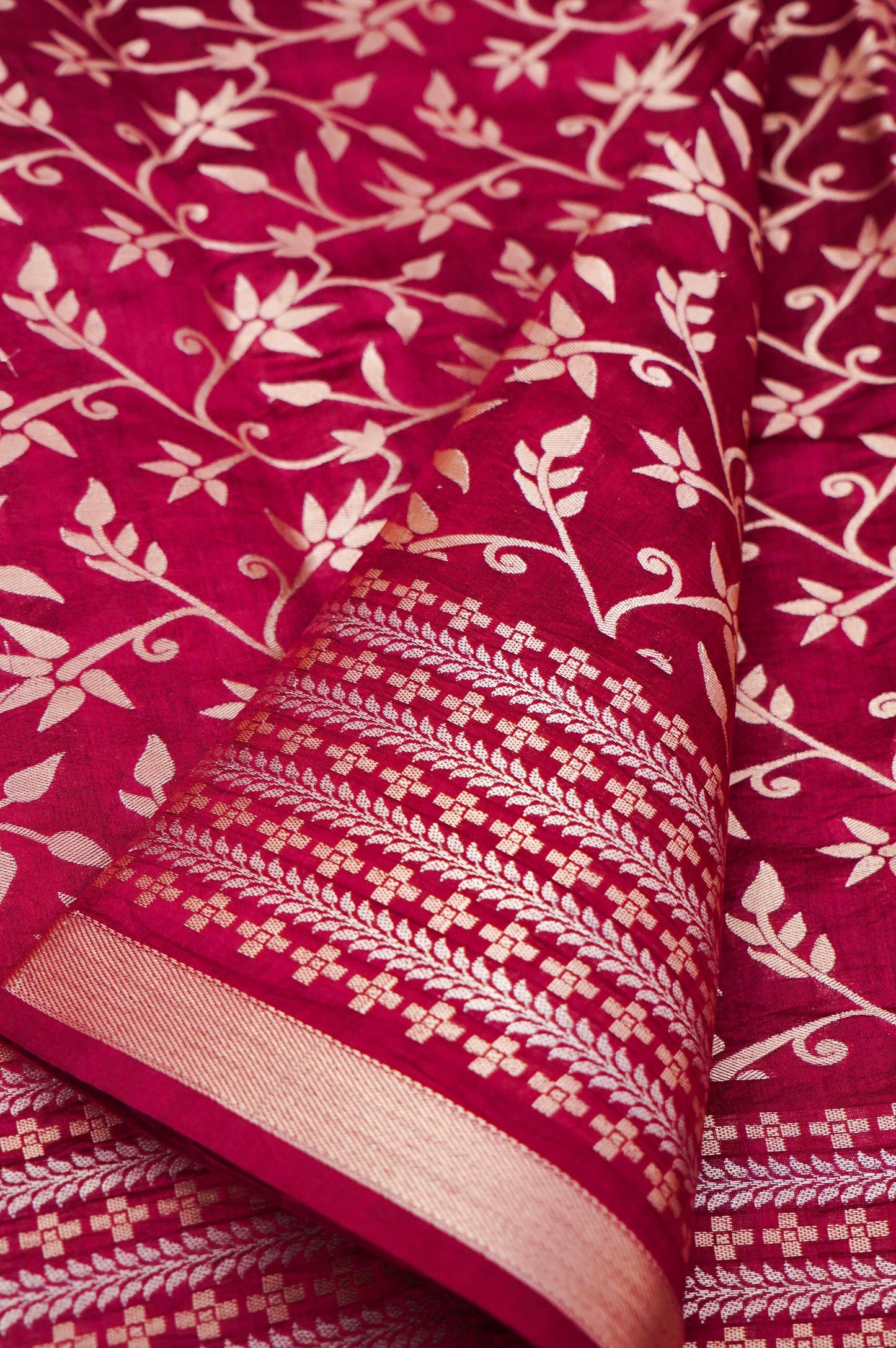 Pure Maroon Chinya Katan Silk Jaal Weaving Saree