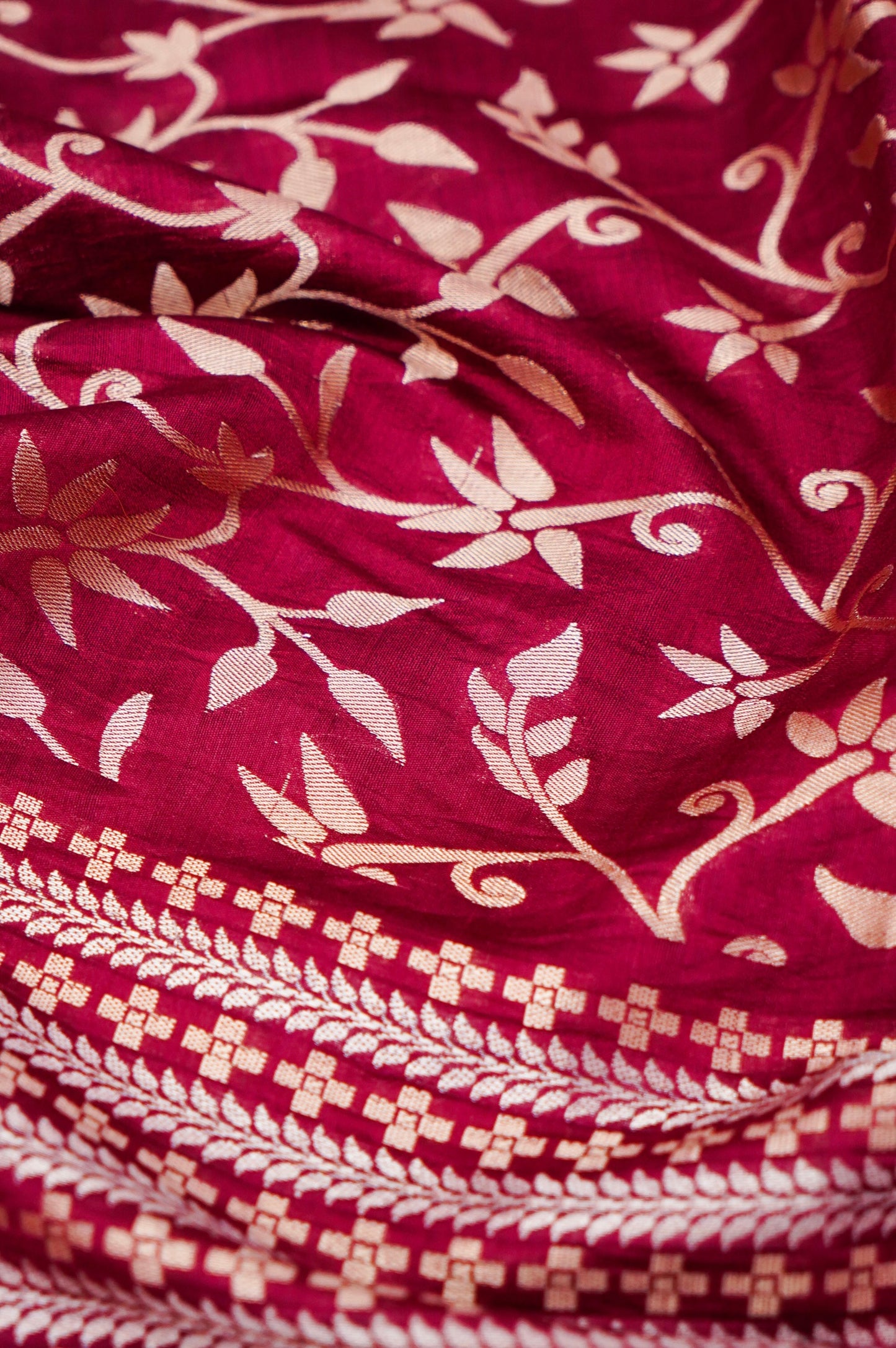 Pure Maroon Chinya Katan Silk Jaal Weaving Saree