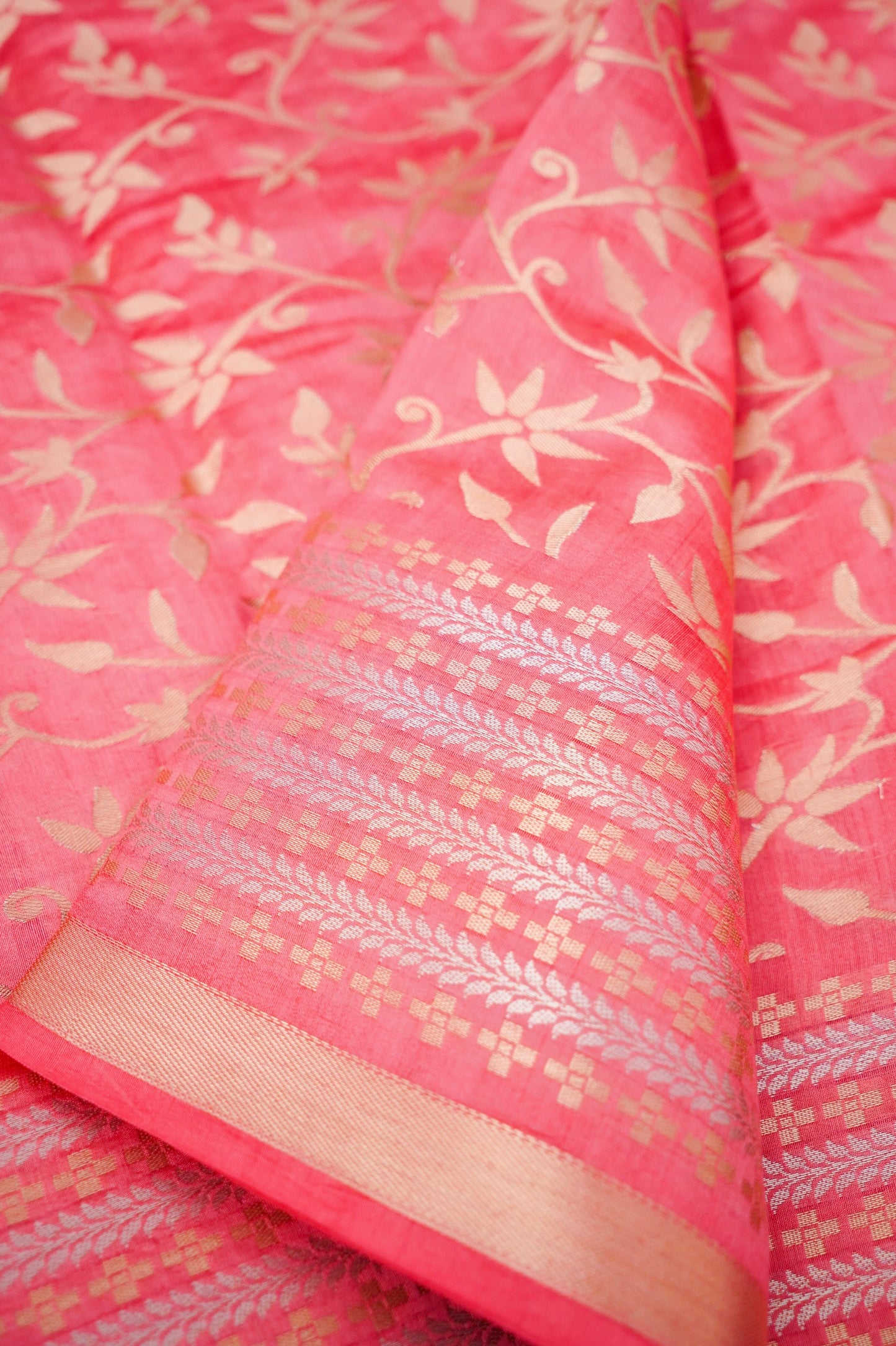 Pure Pink Chinya Katan Silk Jaal Weaving Saree