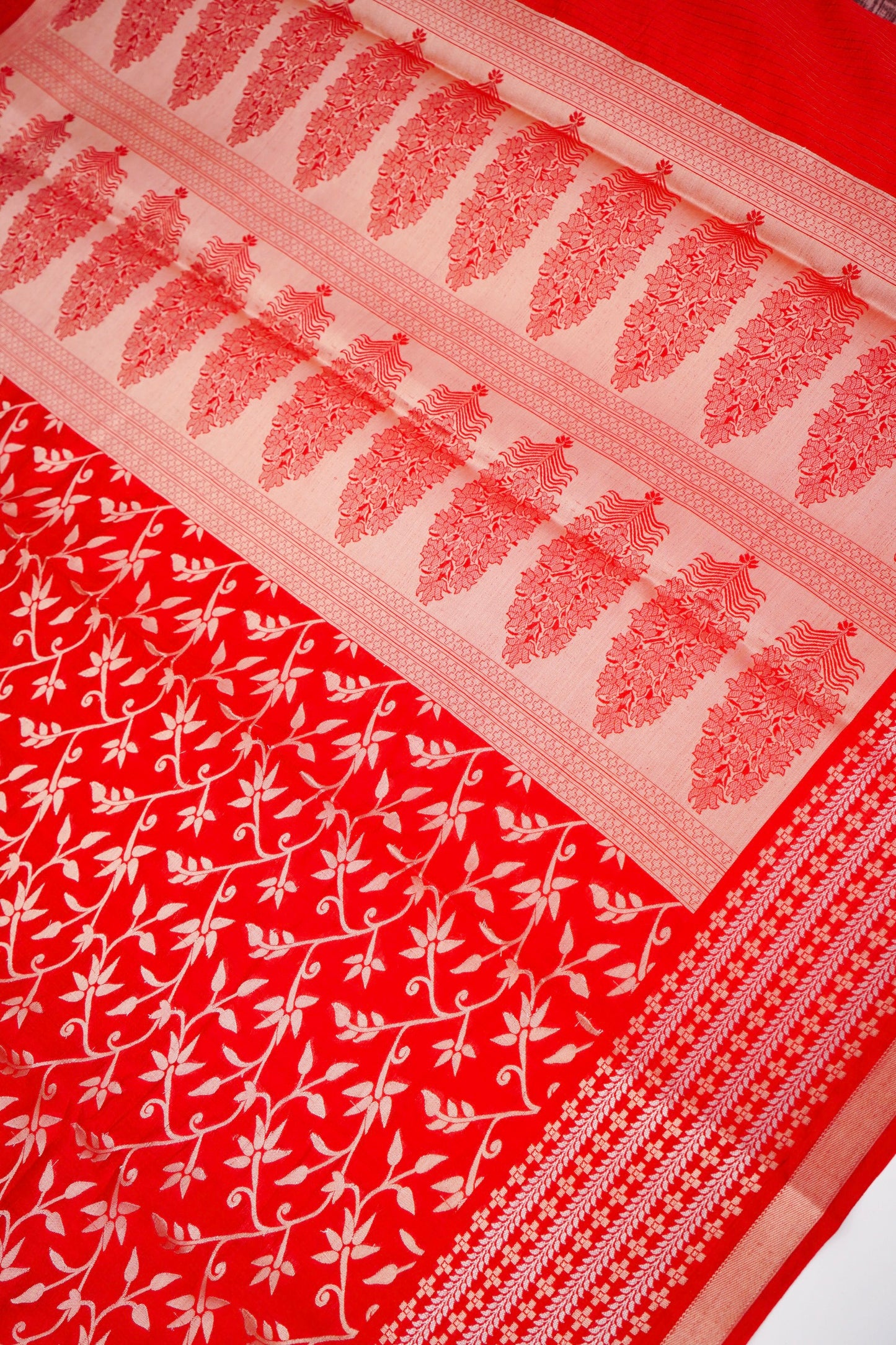 Pure Red Chinya Katan Silk Saree with Jaal Weaving
