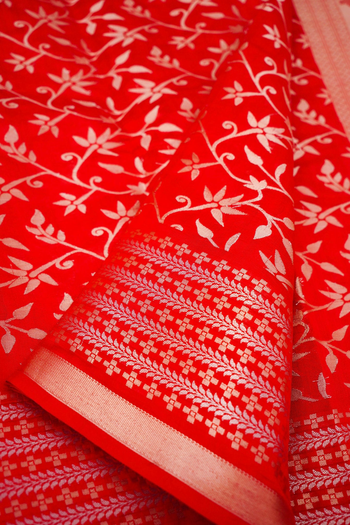 Pure Red Chinya Katan Silk Saree with Jaal Weaving