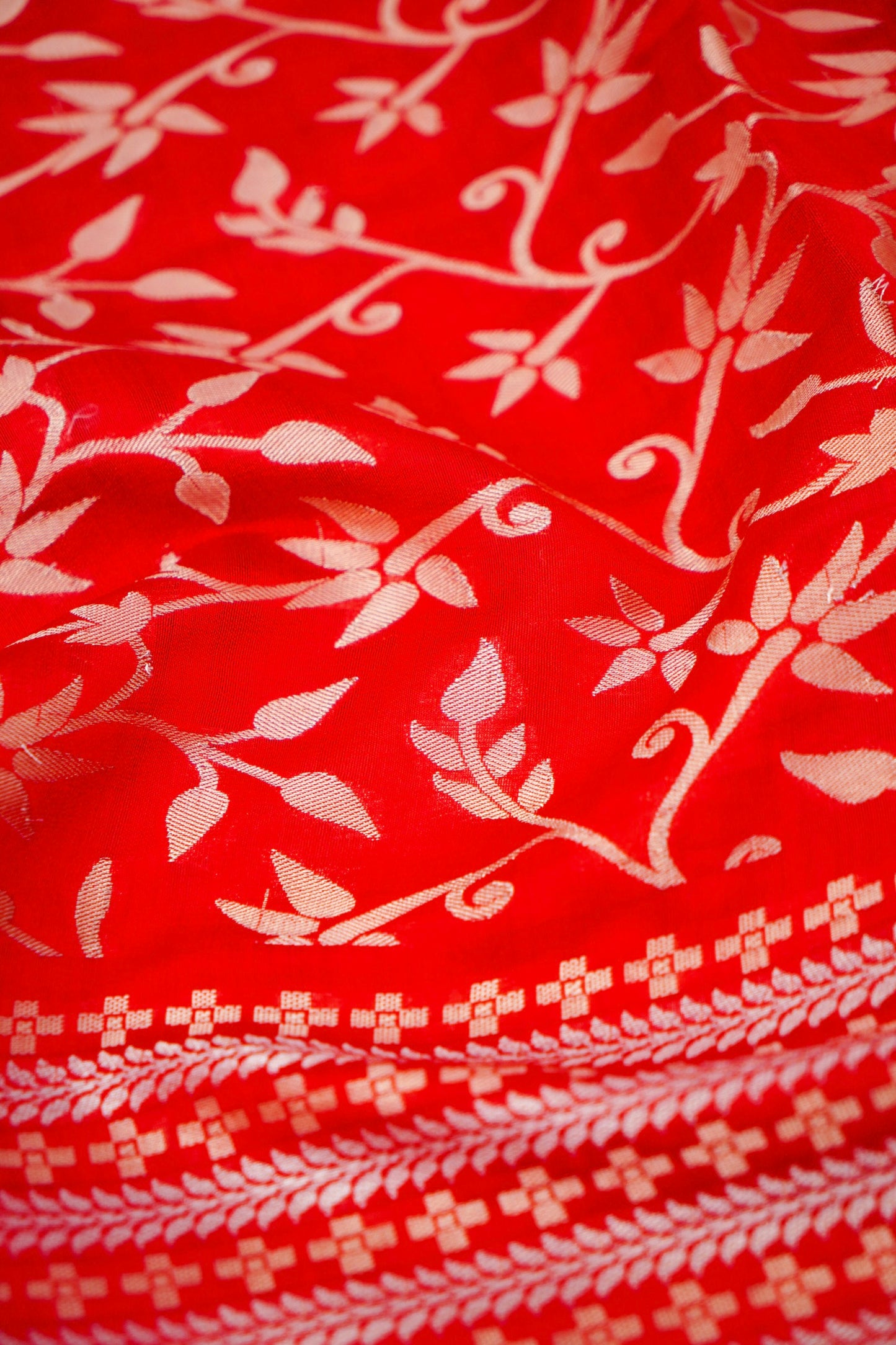 Pure Red Chinya Katan Silk Saree with Jaal Weaving