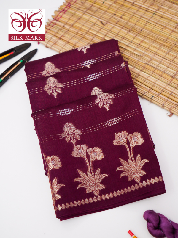 Pure Maroon Chinya Katan Silk Saree with Jaal Weaving By Kalakari