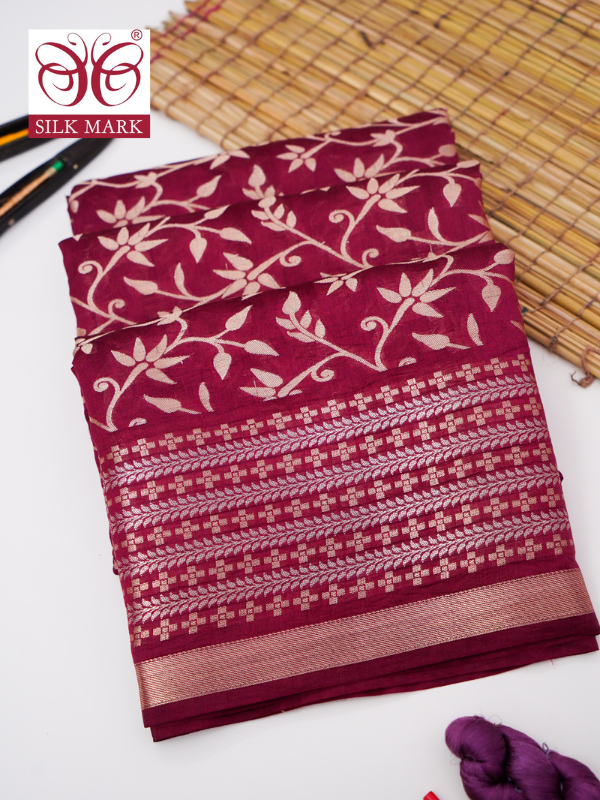 Pure Maroon Chinya Katan Silk Jaal Weaving Saree By Kalakari