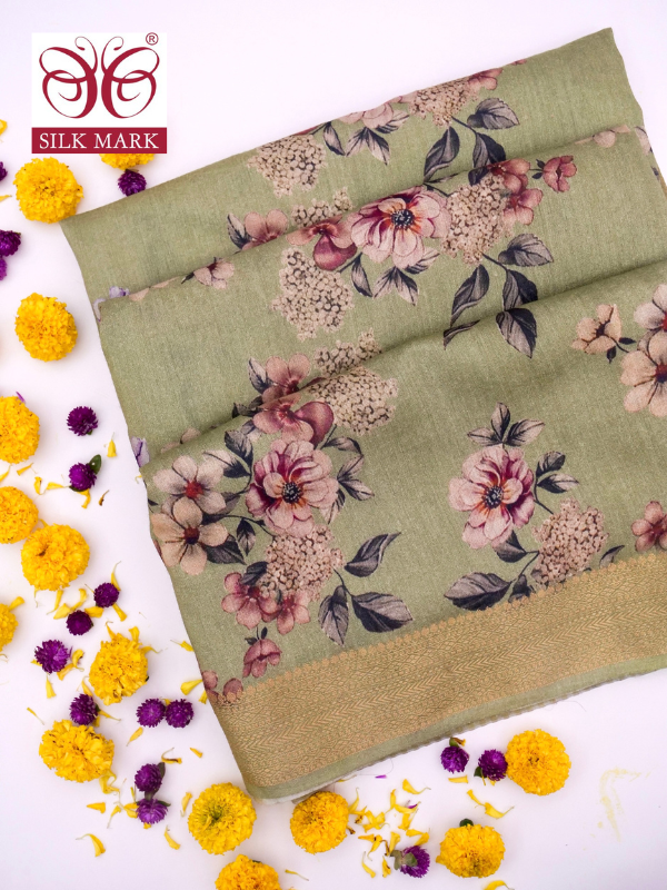 Pure Munga Silk Floral Print Saree with Zari Border By Kalakari