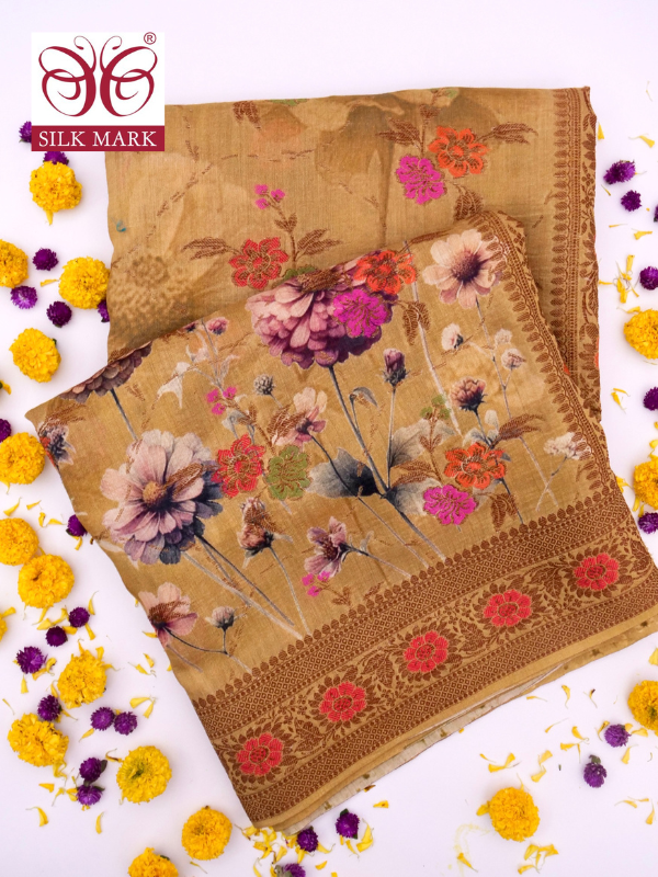 Pure Munga Silk Floral Saree with Zari Border and Blouse By Kalakari