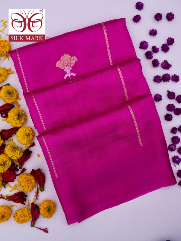 Pure Pink Banarasi Mango Katan Silk Saree with Kadhwa Buti Work By Kalakari