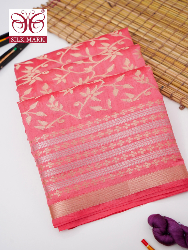 Pure Pink Chinya Katan Silk Jaal Weaving Saree By Kalakari