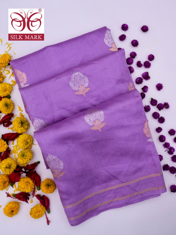 Pure Purple Banarasi Mango Katan Silk Saree With Kadhwa Buti Work By Kalakari