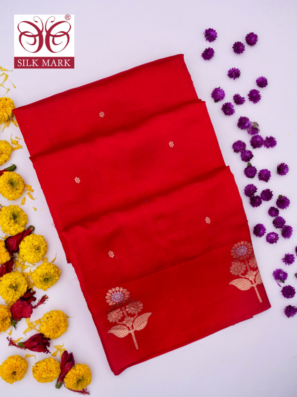 Pure Red Banarasi Mango Katan Silk Saree Kadhwa Buti Work By Kalakari