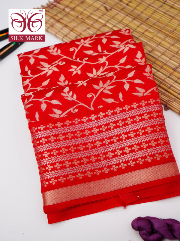 Pure Red Chinya Katan Silk Saree with Intricate Jaal Weaving By Kalakari