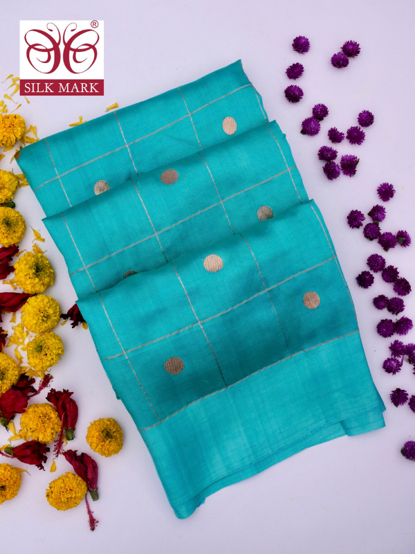 Pure Sky Blue Banarasi Mango Katan Silk Saree with Kadhwa Buti By Kalakari