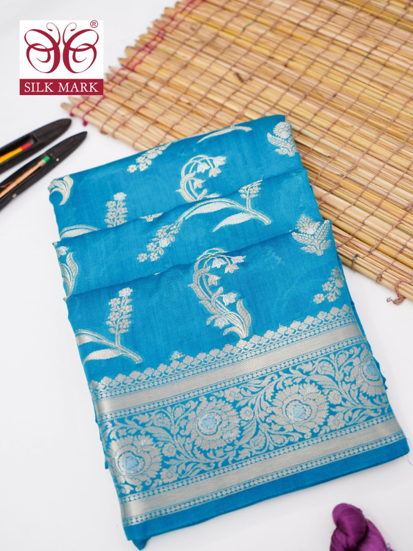 Pure Sky-Blue Chinya Katan Silk Jaal Weaving Saree By Kalakari