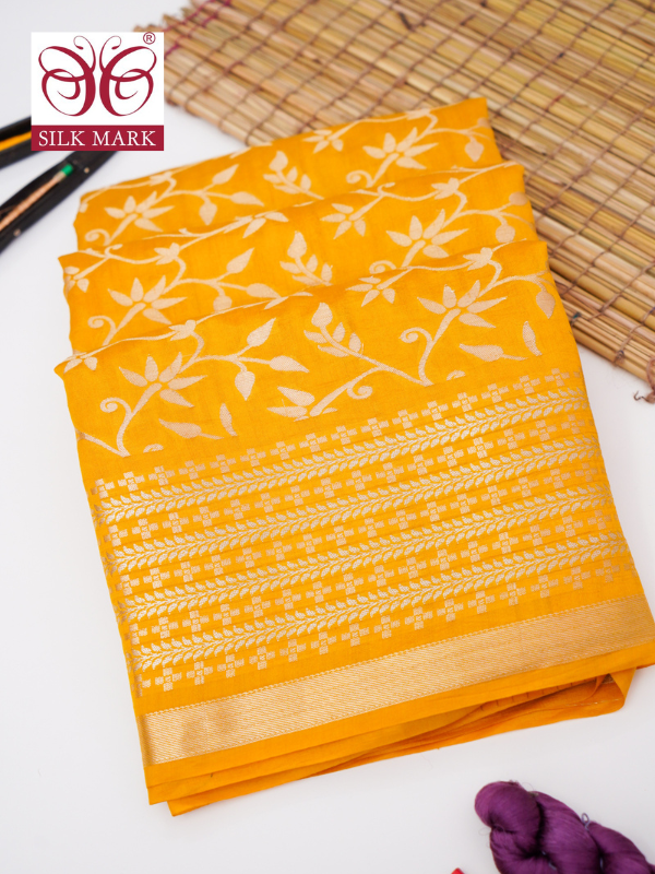 Pure Yellow Chinya Katan Silk Saree with Jaal Design By Kalakari
