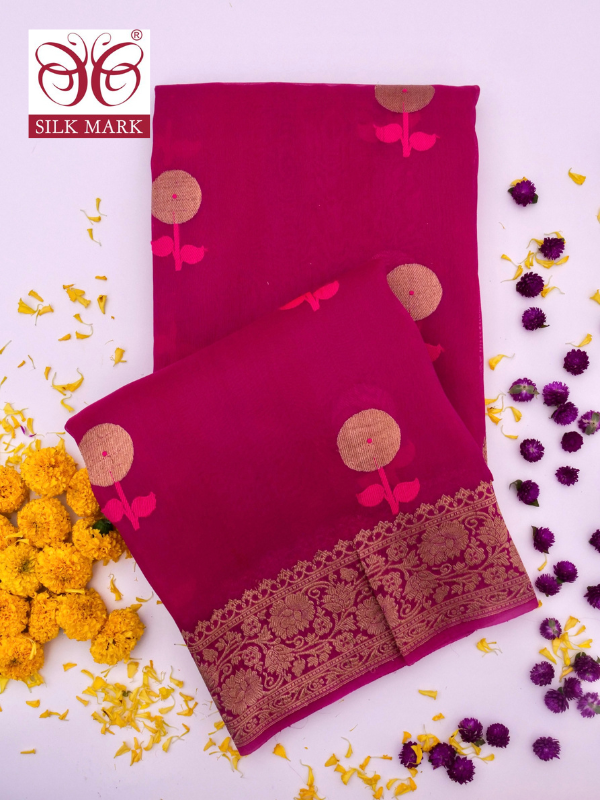 Handloom Banarasi Pure Kora Organza Saree with Kadhwa Buti Weaving By Kalakari