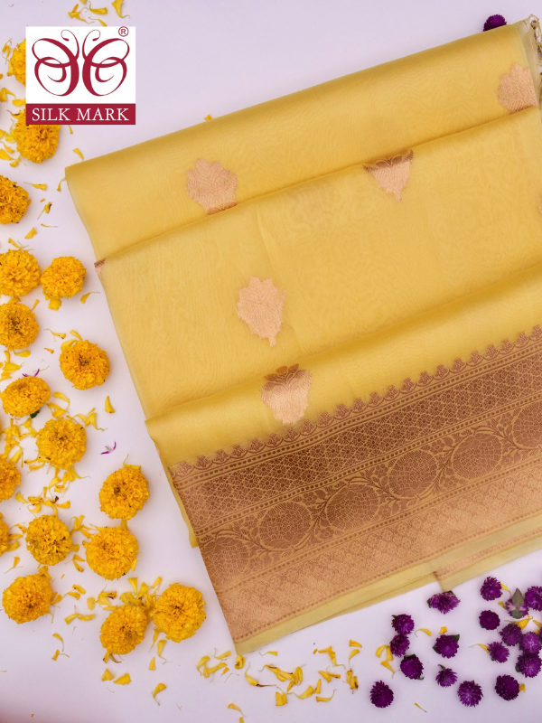 Handloom Banarasi Pure Kora Organza Saree with Kadhwa Buti Weaving By Kalakari