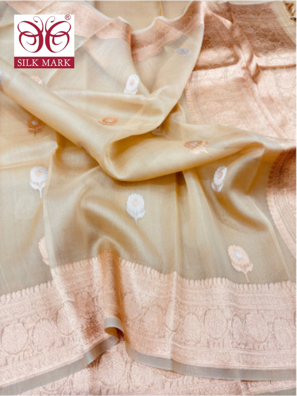 Handwoven Banarasi Pure Kora Organza Saree with Kadhwa Buta By Kalakari