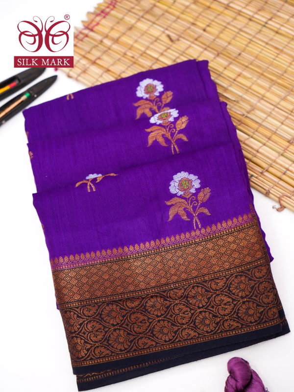 Purple Banarasi Munga Silk Saree with Rupa Sona Kadhiyaal By Kalakari