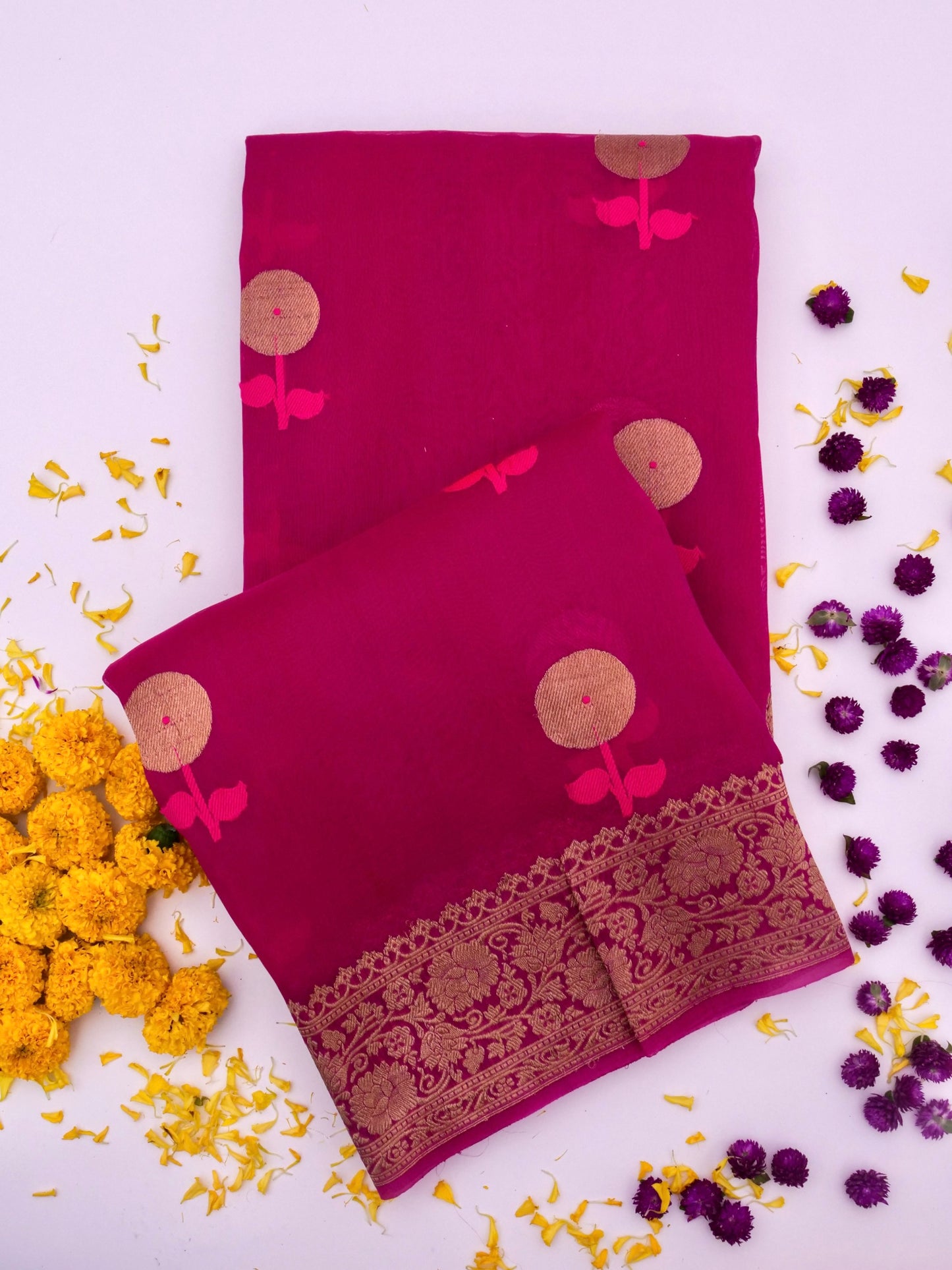 cHandloom Banarasi Pure Kora Organza Saree with Kadhwa Buti Weaving By Kalakari