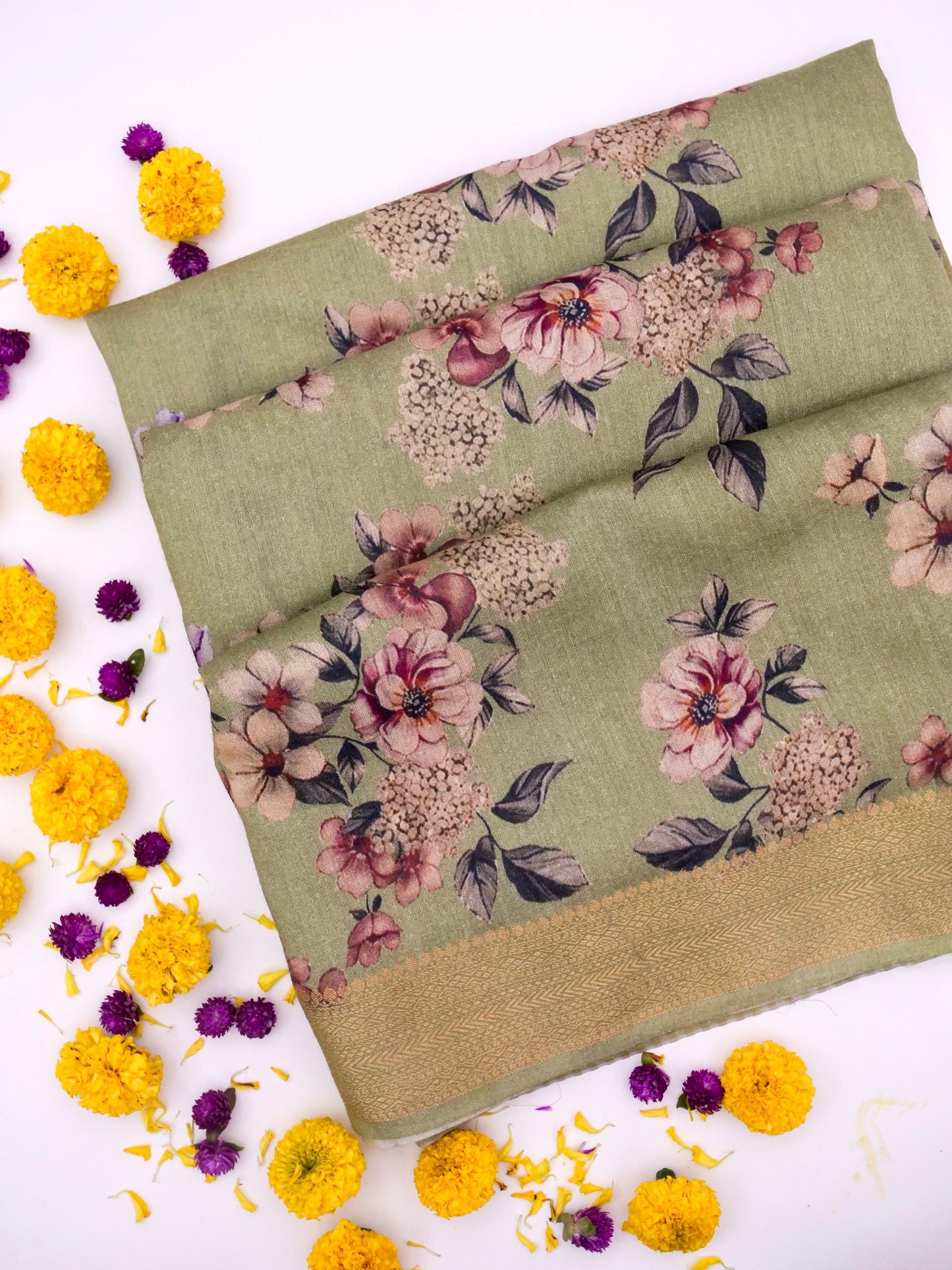 Pure Munga Silk Floral Print Saree with Zari Border By Kalakari