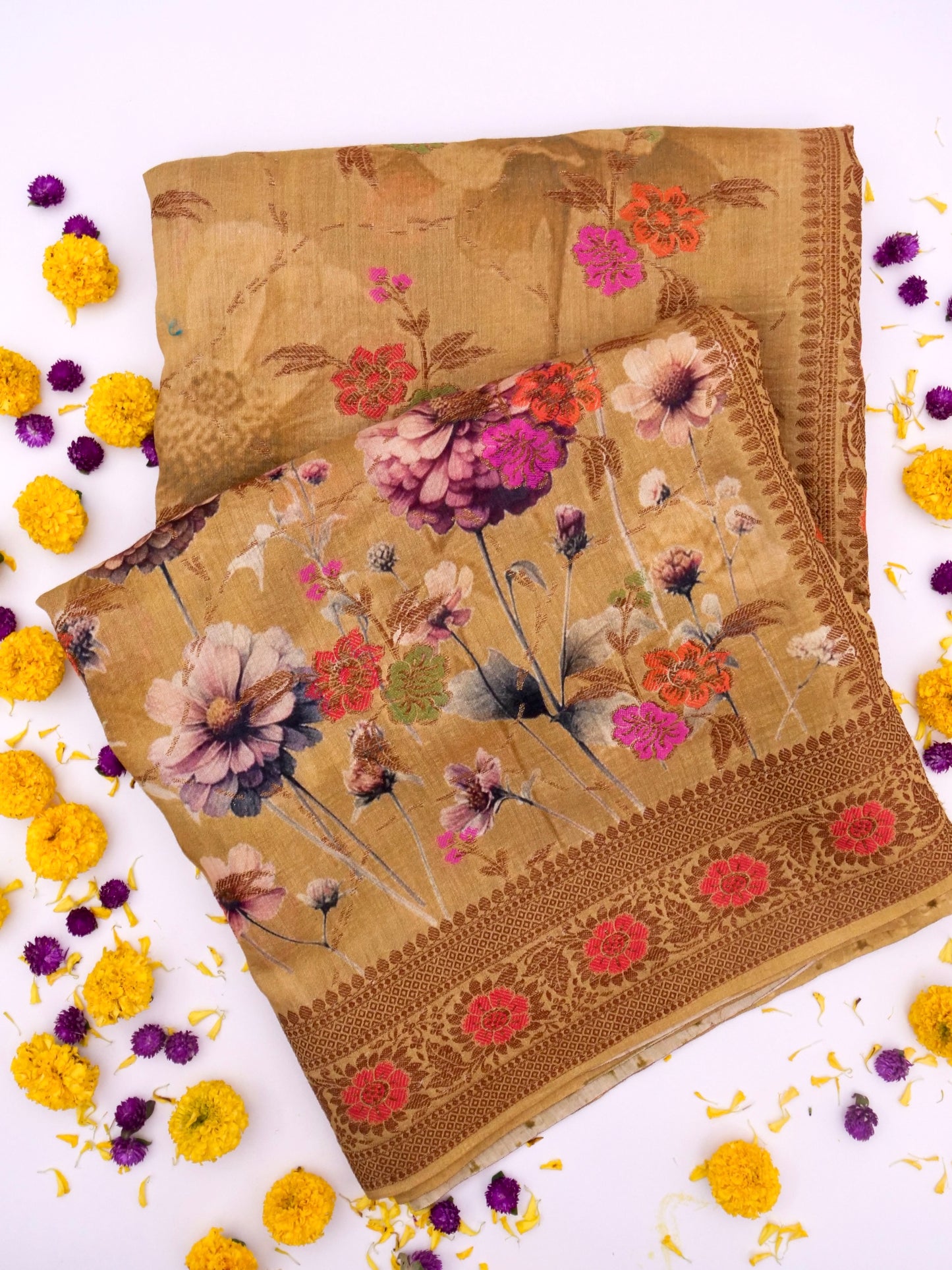 Pure Munga Silk Floral Saree with Zari Border and Blouse By Kalakari