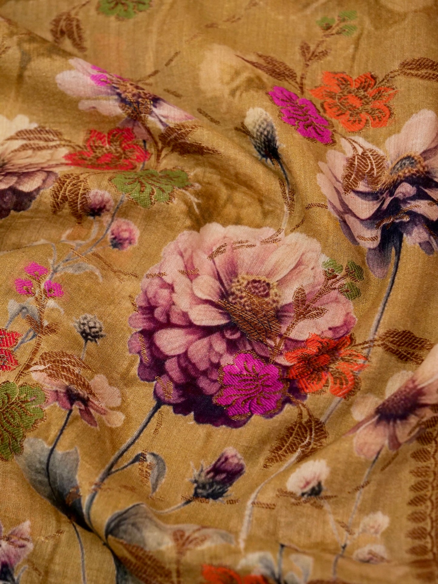 Pure Munga Silk Floral Saree with Zari Border and Blouse