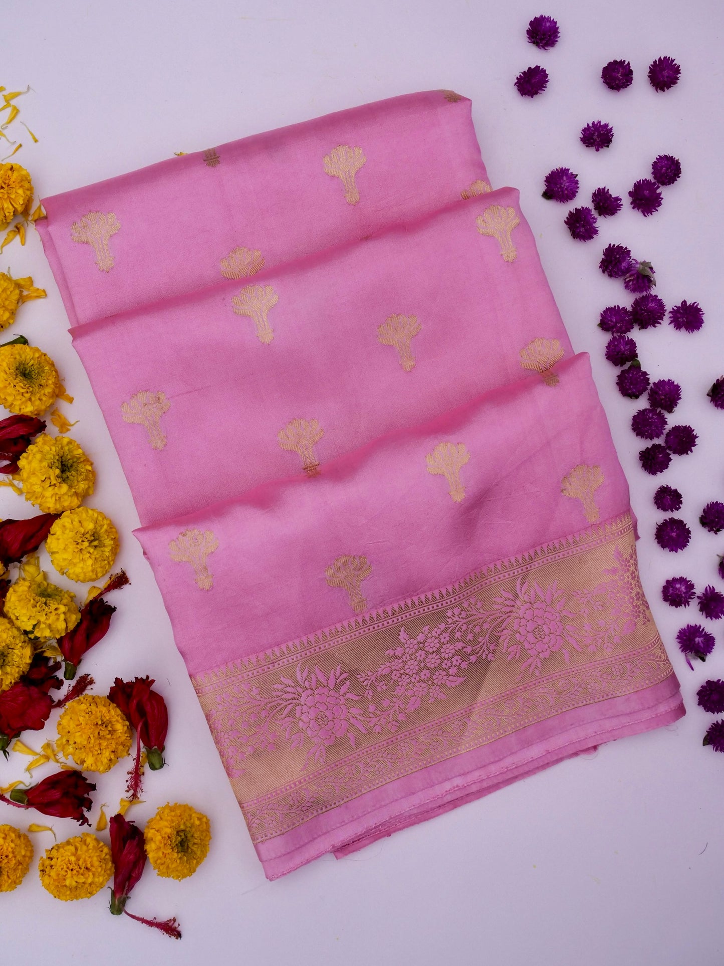 Pure Pink Banarasi R Mango Katan Silk Saree with Kadhwa Buti Work By Kalakari