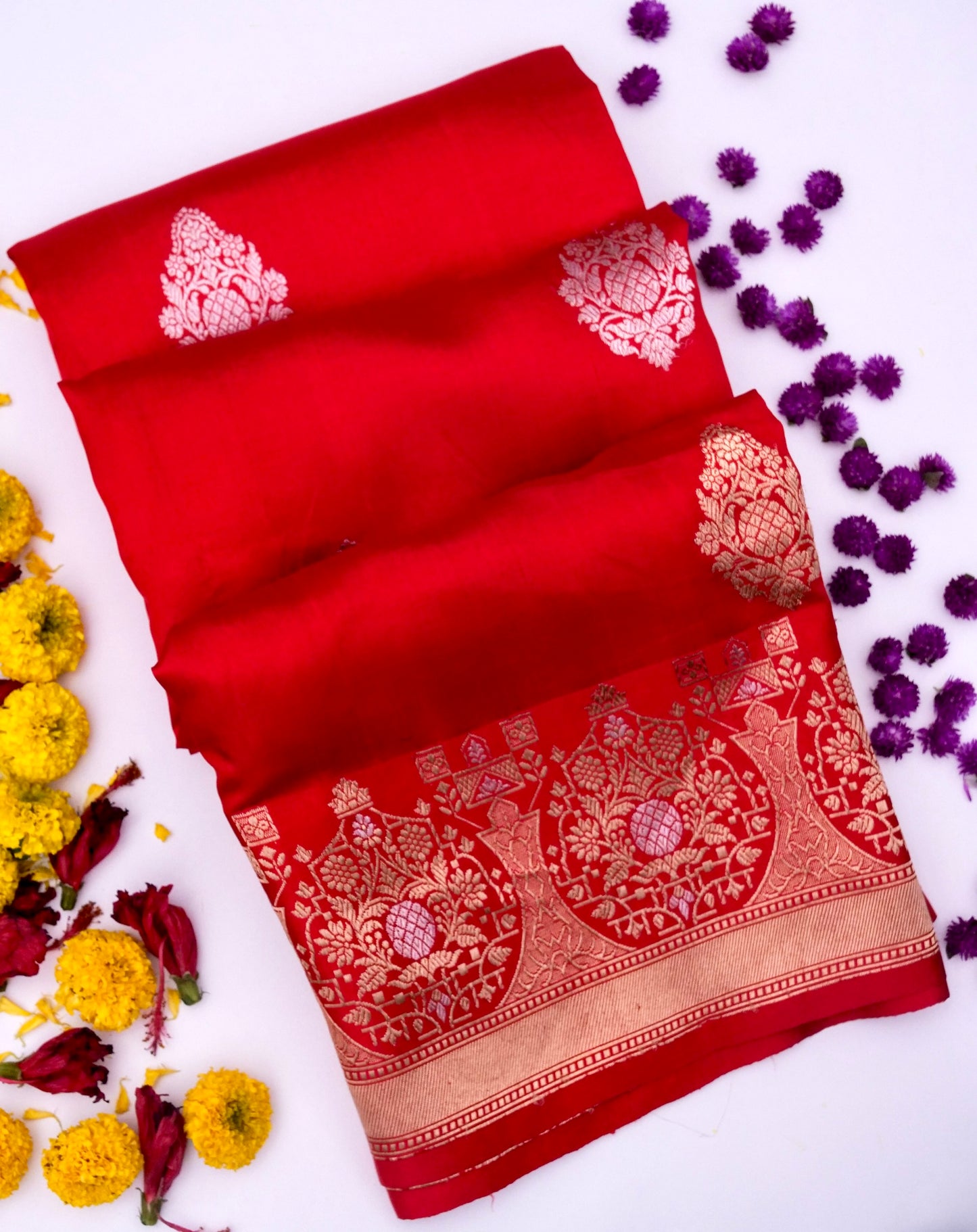 Pure Red Banarasi R Mango Katan Silk Saree | Kadhwa Buti Work By Kalakari