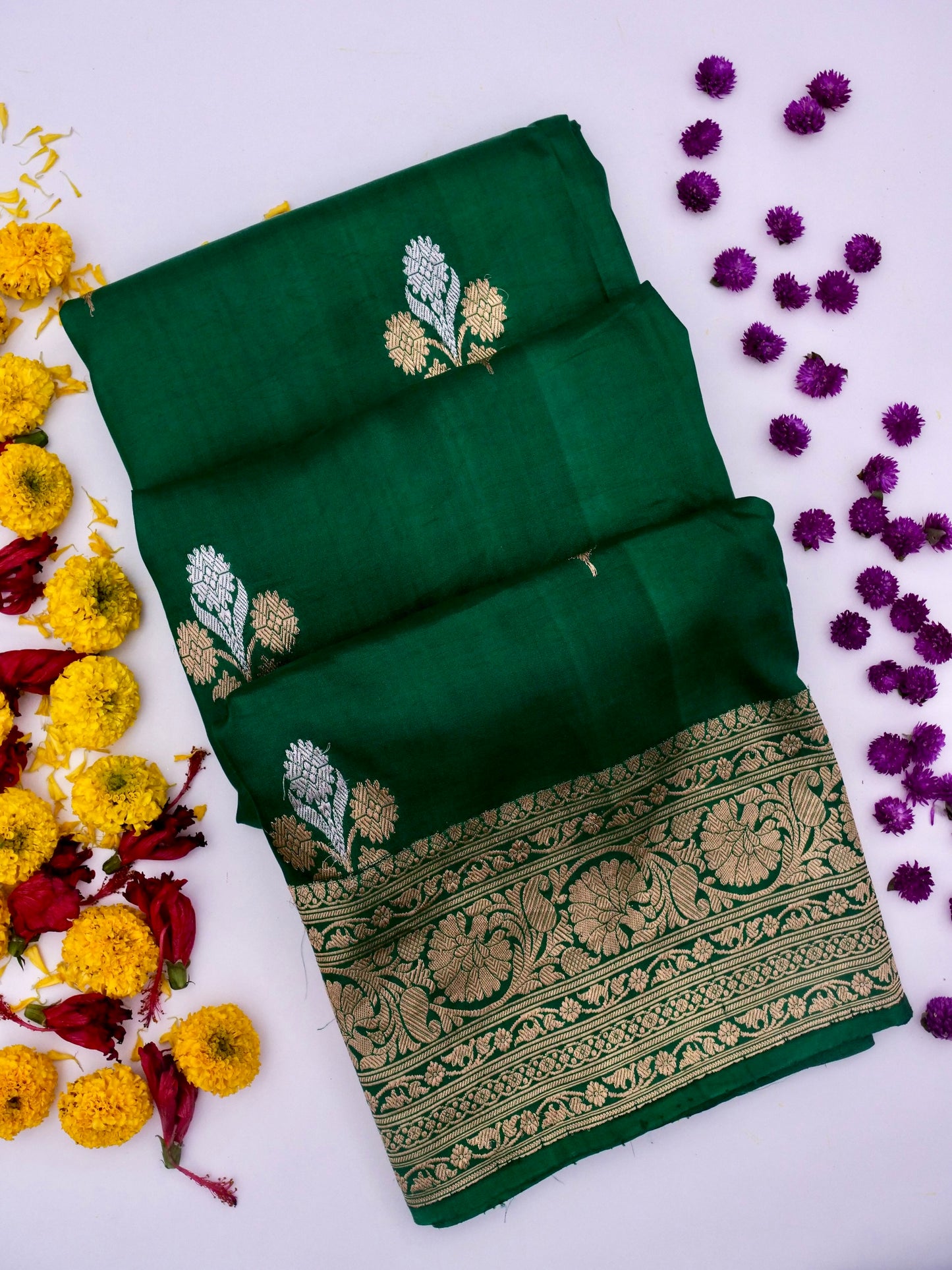 Pure Green Banarasi Mango Katan Silk Saree with Full Kadhwa Buti By Kalakari