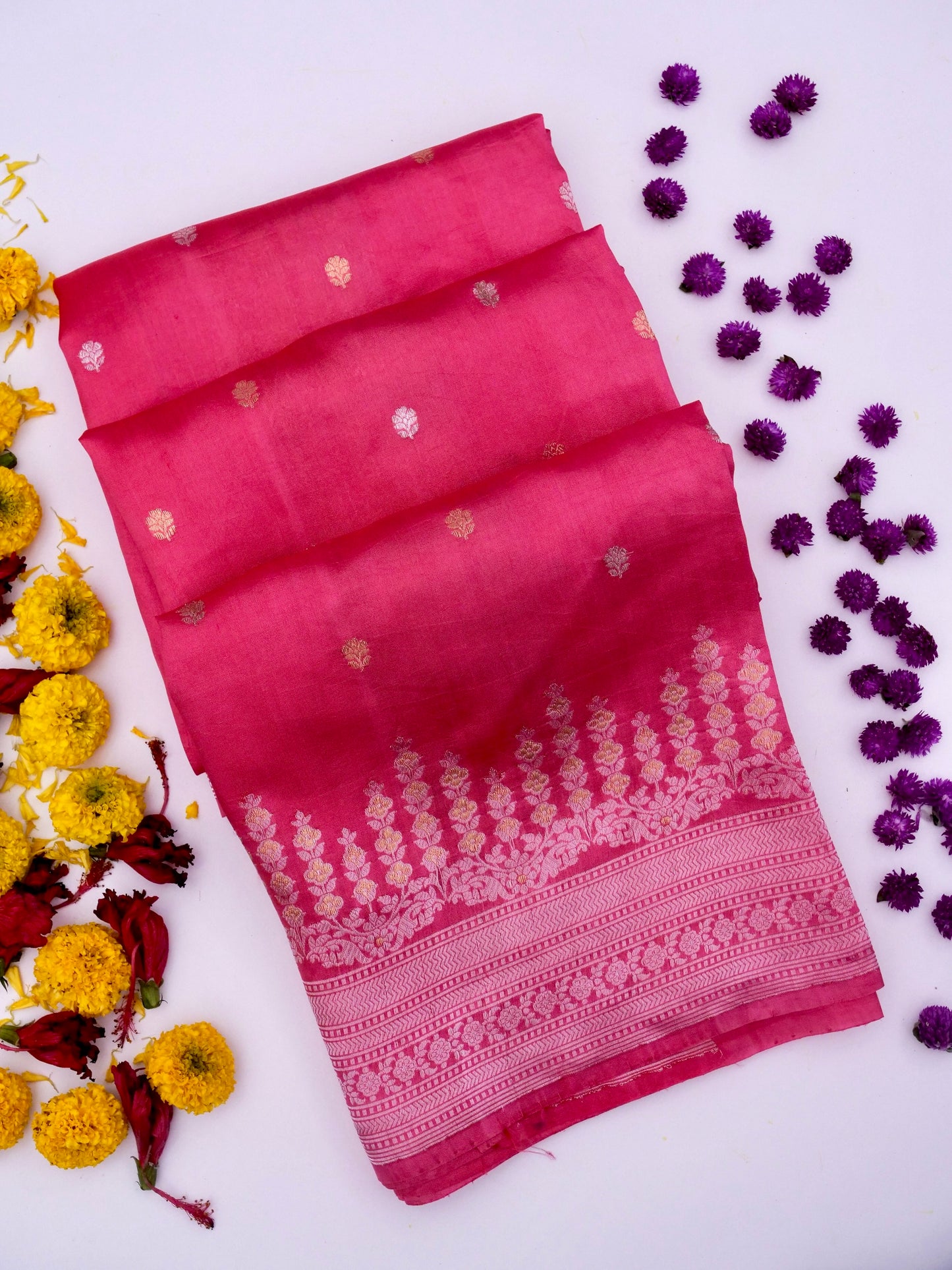 Pure Pink Banarasi Mango Katan Silk Saree With Full Kadhwa Buti Work By Kalakari