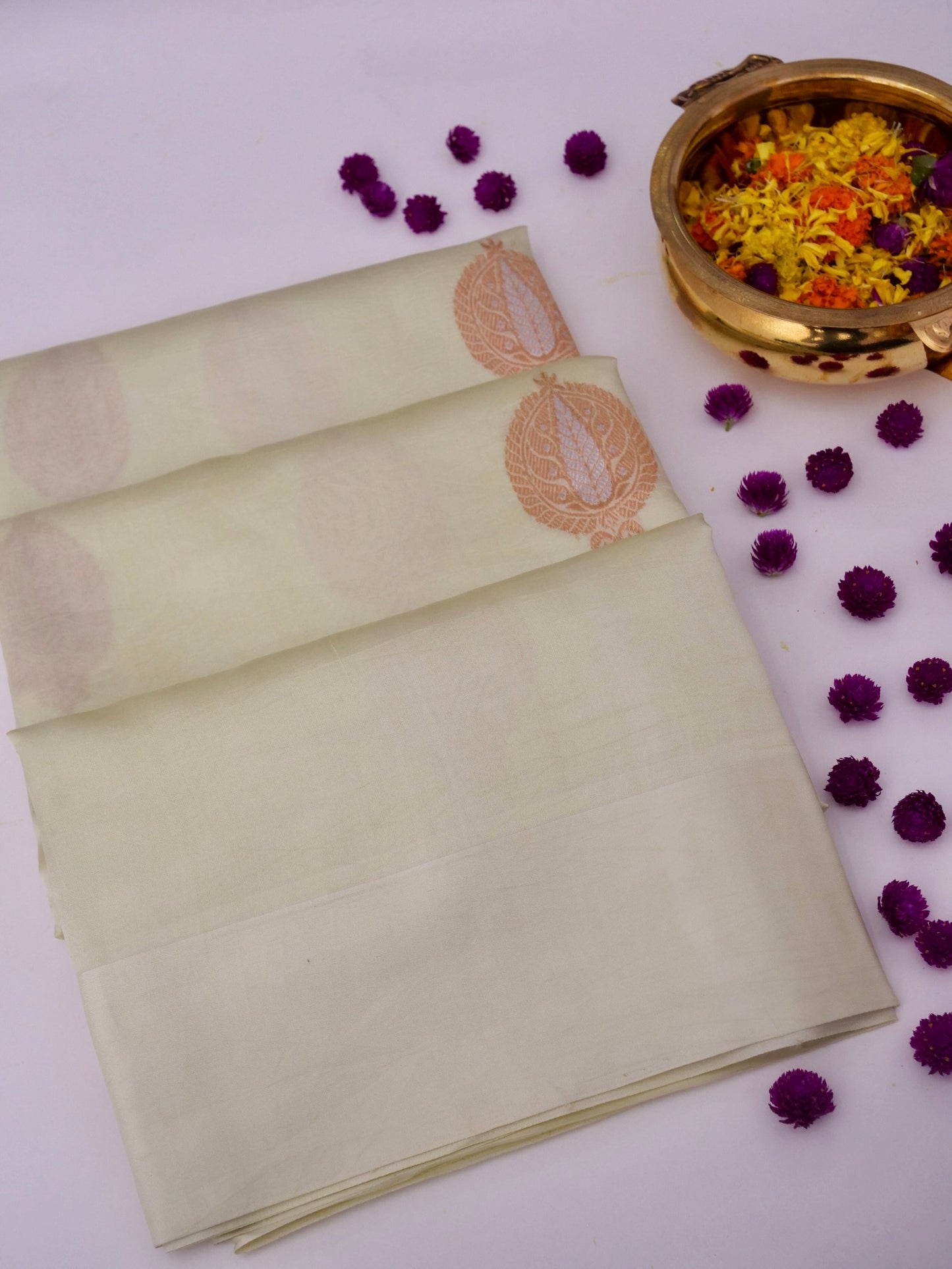 Mango Katan Silk Banarasi Saree with Handloom Kadhwa Buti By Kalakari
